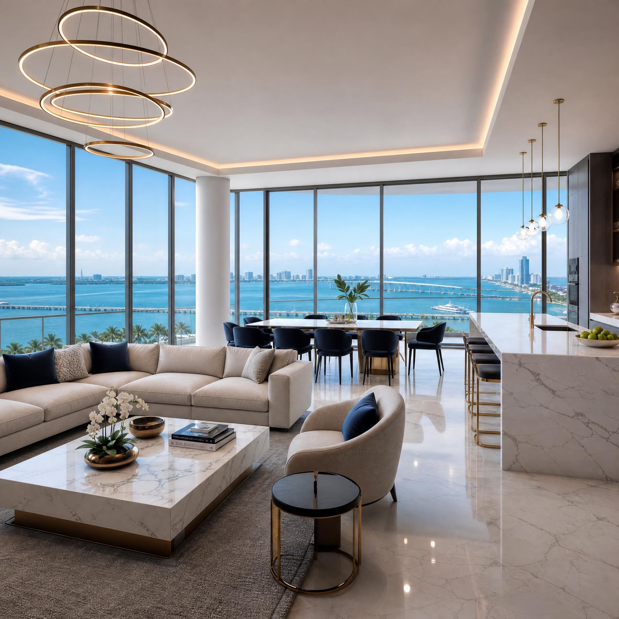 Luxury Miami condo interior with floor-to-ceiling windows, marble finishes, and panoramic Biscayne Bay views
