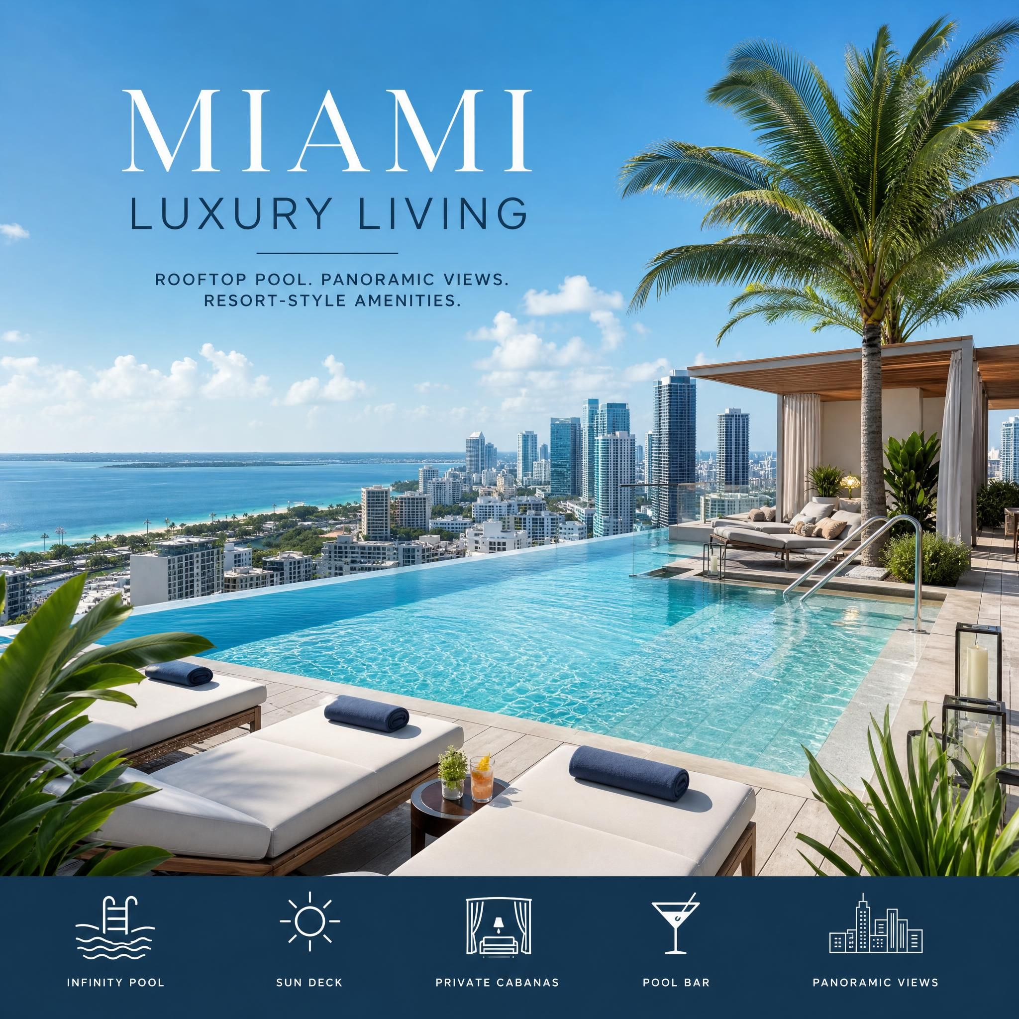 Luxury rooftop pool at a Miami high-rise with panoramic ocean and city views, resort-style amenities
