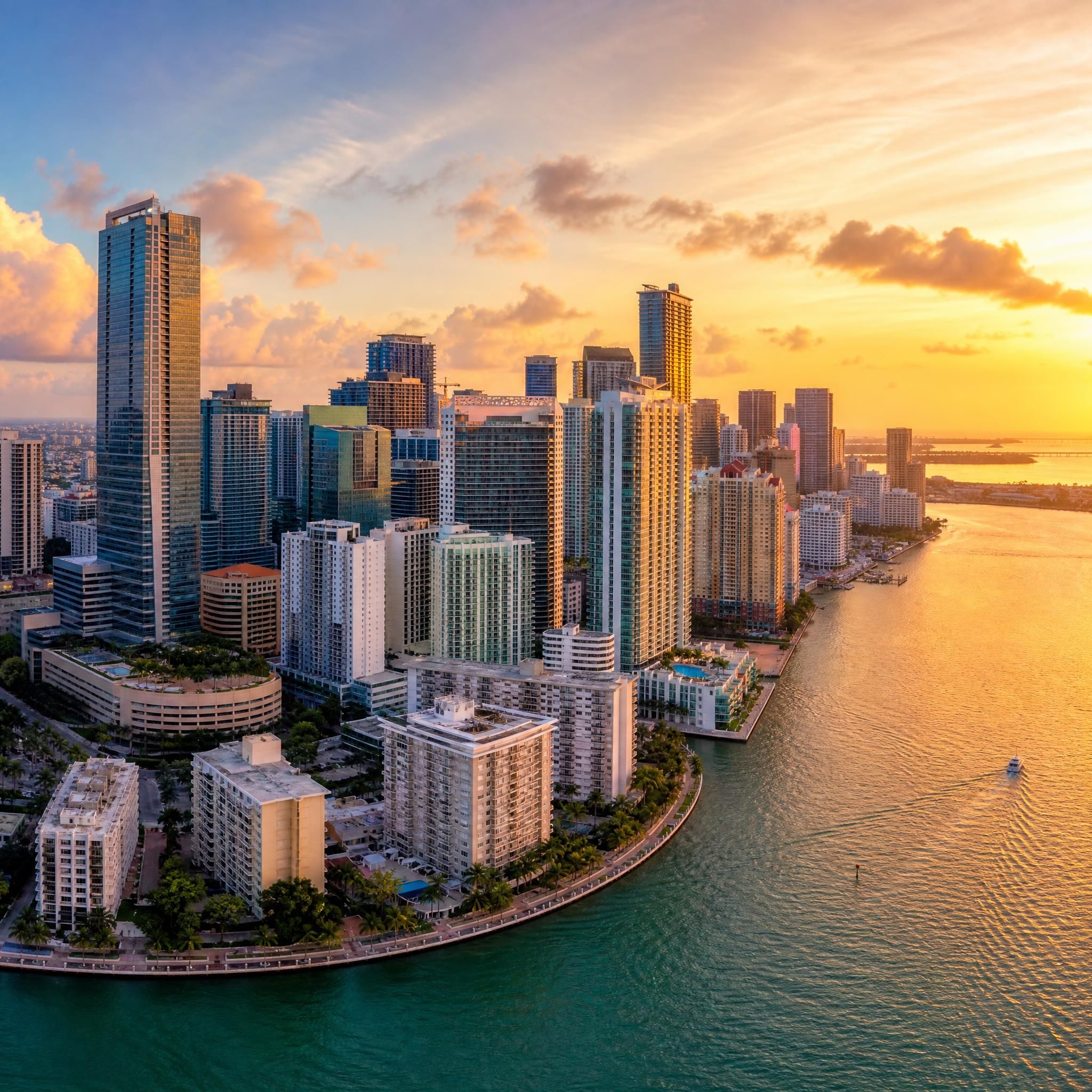 Aerial drone view of Miami's luxury waterfront skyline at golden hour, showcasing Brickell high-rises and Biscayne Bay