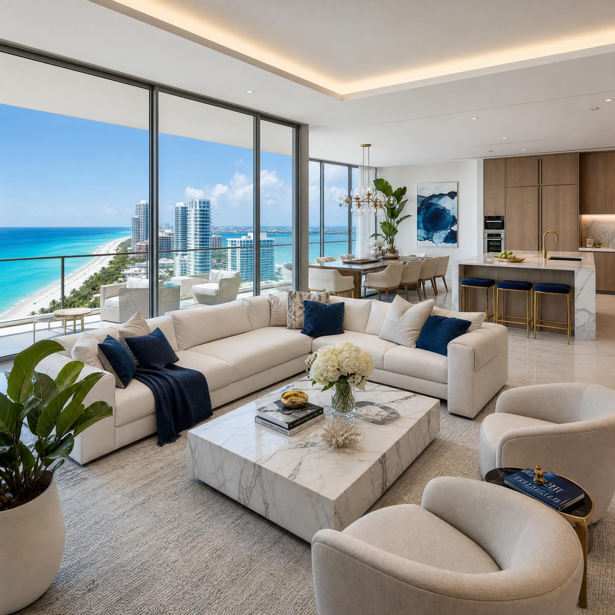 Luxury Miami condo interior with panoramic floor-to-ceiling windows overlooking the ocean, featuring designer furnishings and an open-concept living space