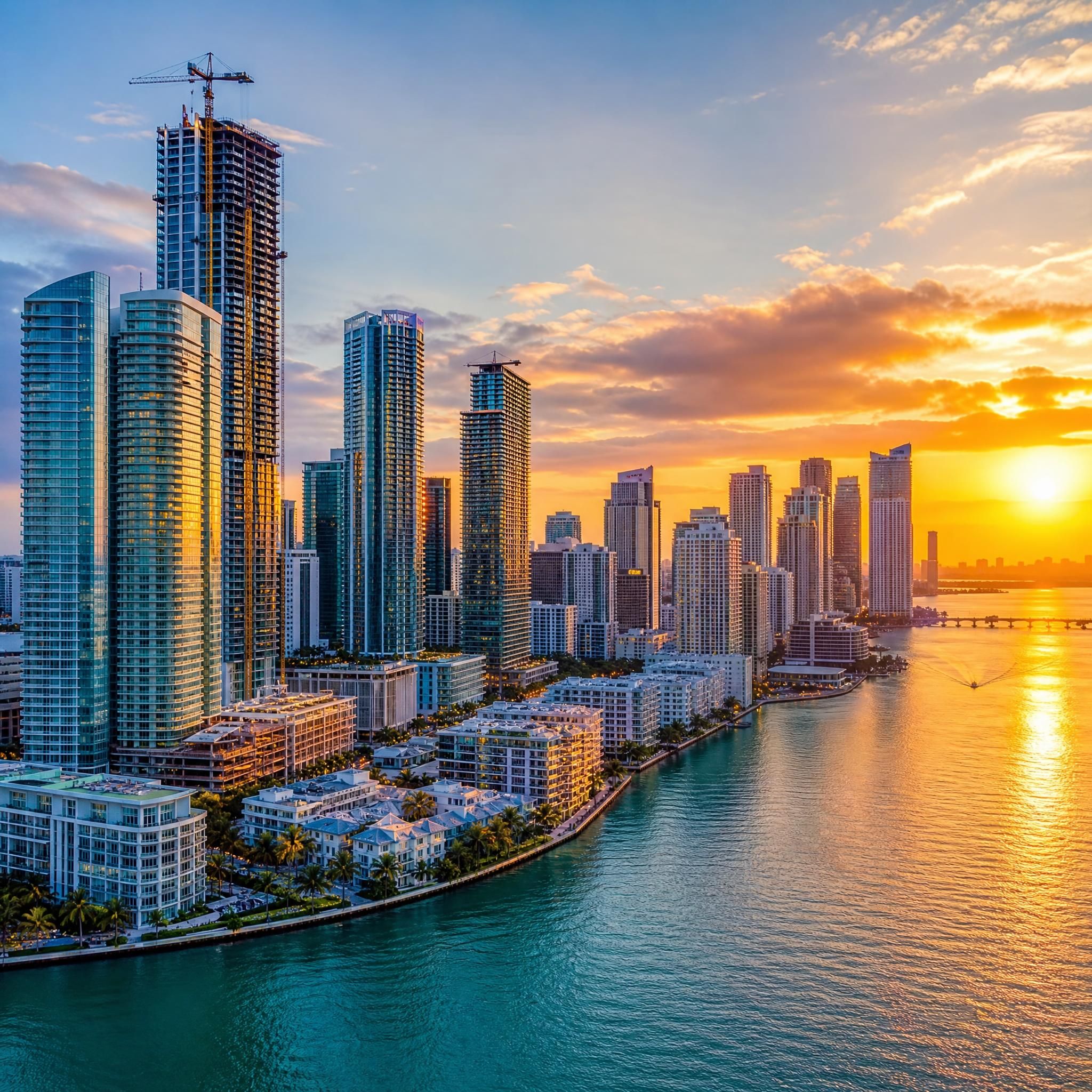 Aerial sunset view of Miami's luxury skyline with Brickell towers and Biscayne Bay waterfront, showcasing new construction high-rises