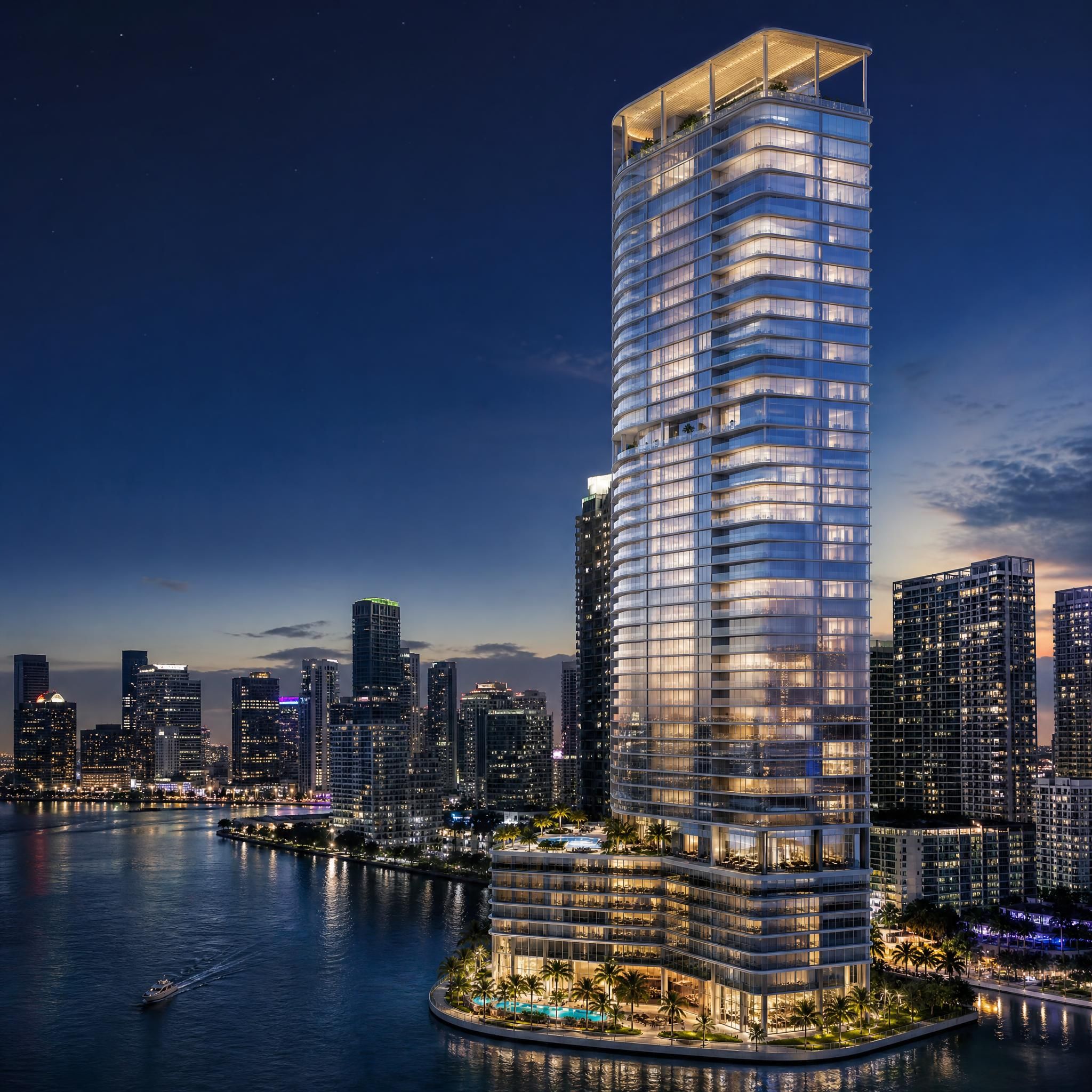 Brickell Avenue luxury condo tower exterior rendering at night with Miami city lights, showcasing ultra-luxury new construction architecture