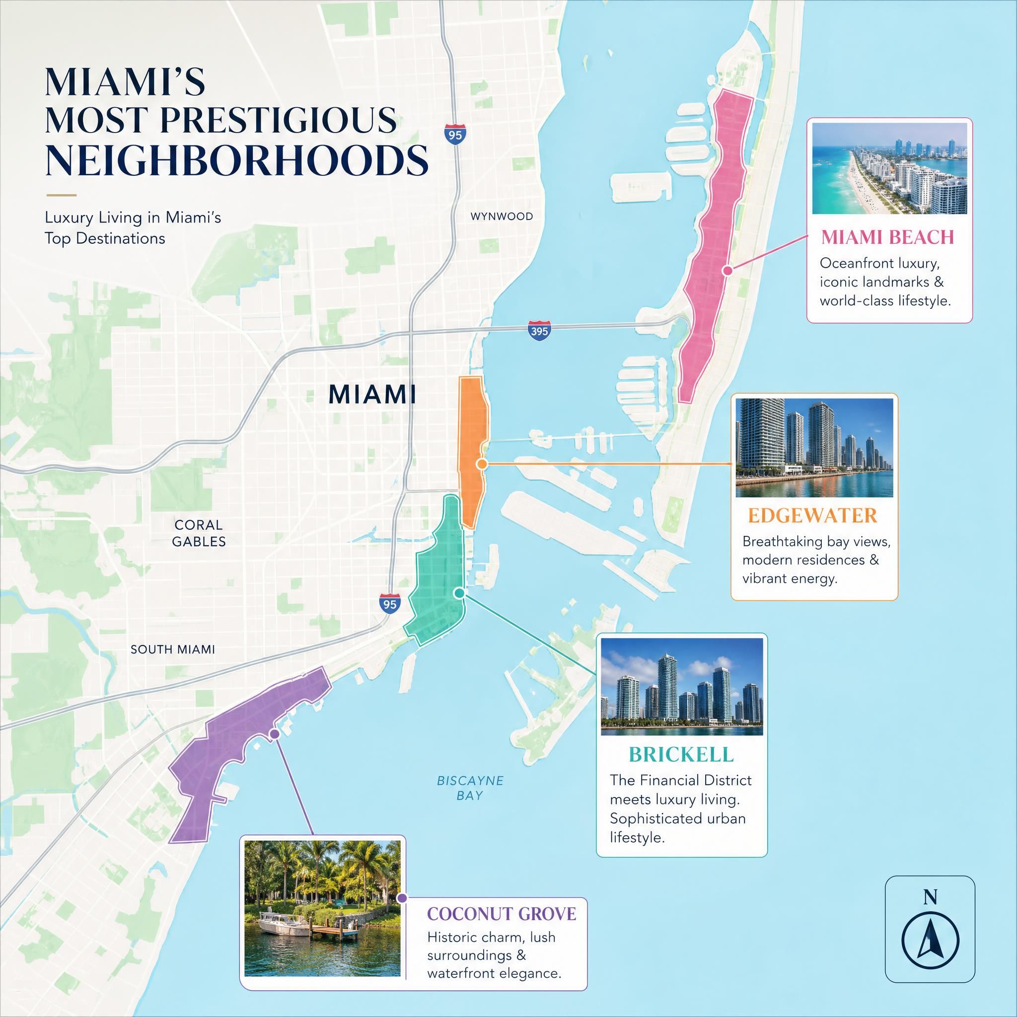 Miami neighborhood map highlighting Brickell, Edgewater, Coconut Grove, and Miami Beach luxury districts
