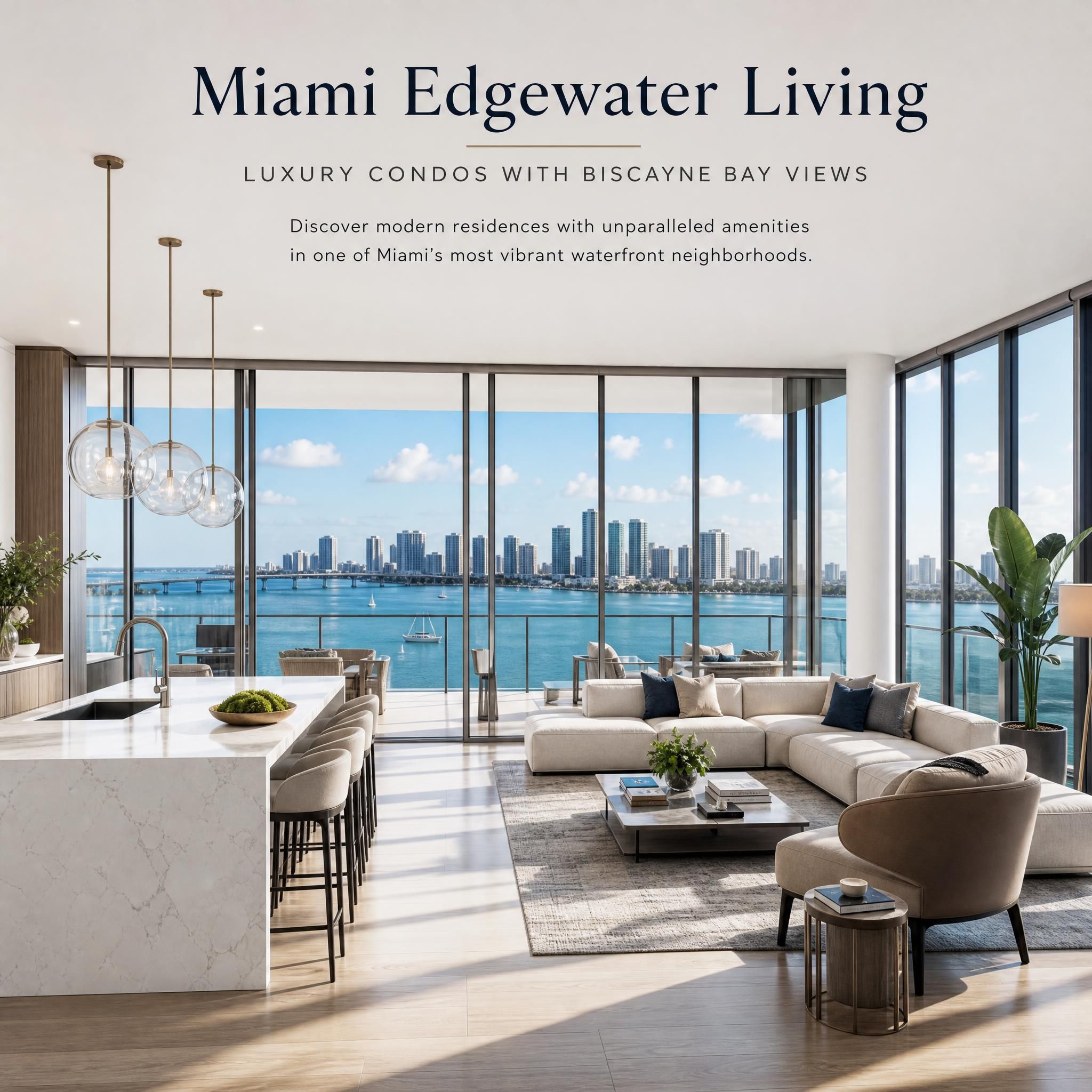 Luxury condo interior with floor-to-ceiling windows overlooking Biscayne Bay, featuring high-end finishes, open-plan living and waterfront views in Miami Edgewater