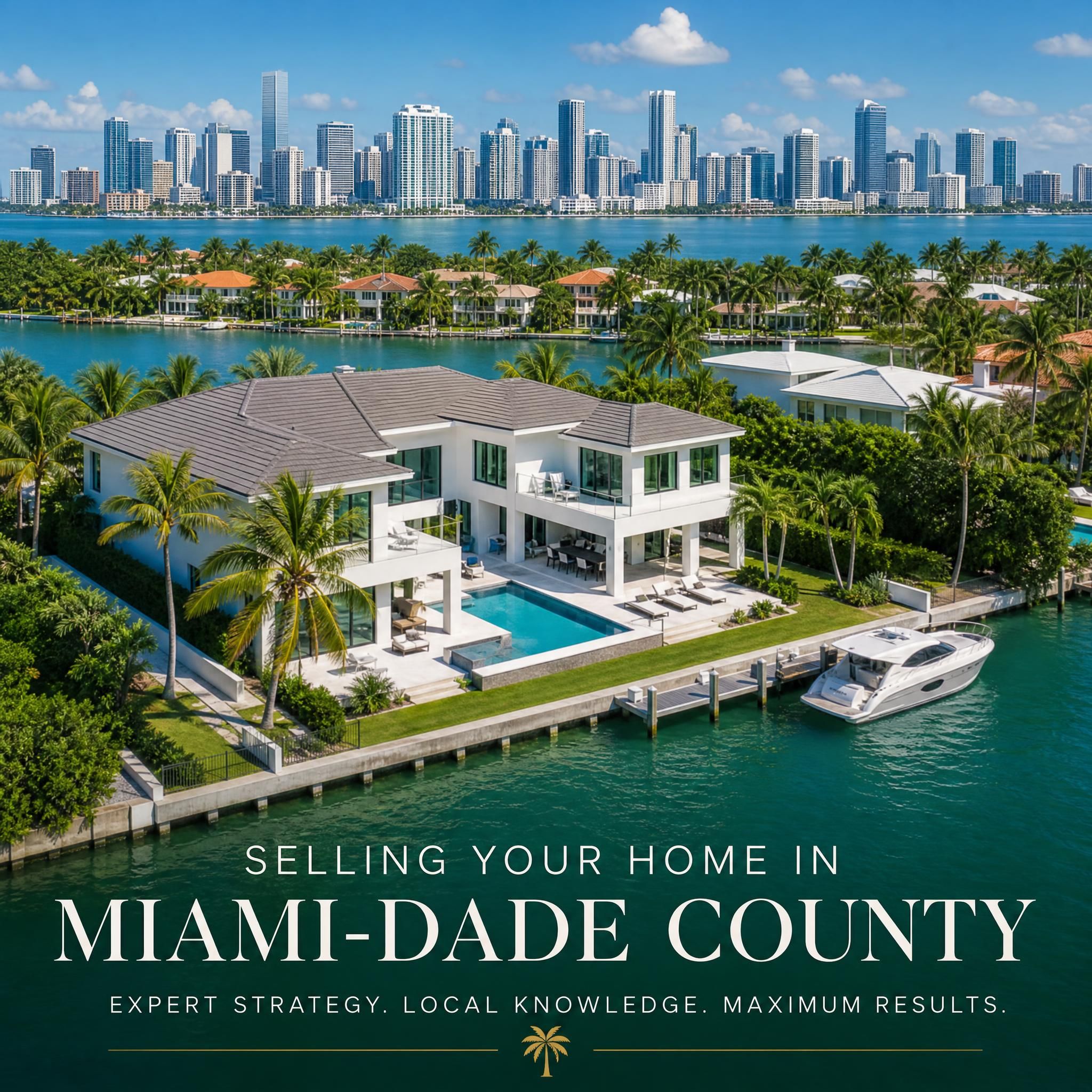Aerial view of a luxury waterfront home in Miami-Dade County with the Miami skyline in the background, representing South Florida real estate for sellers