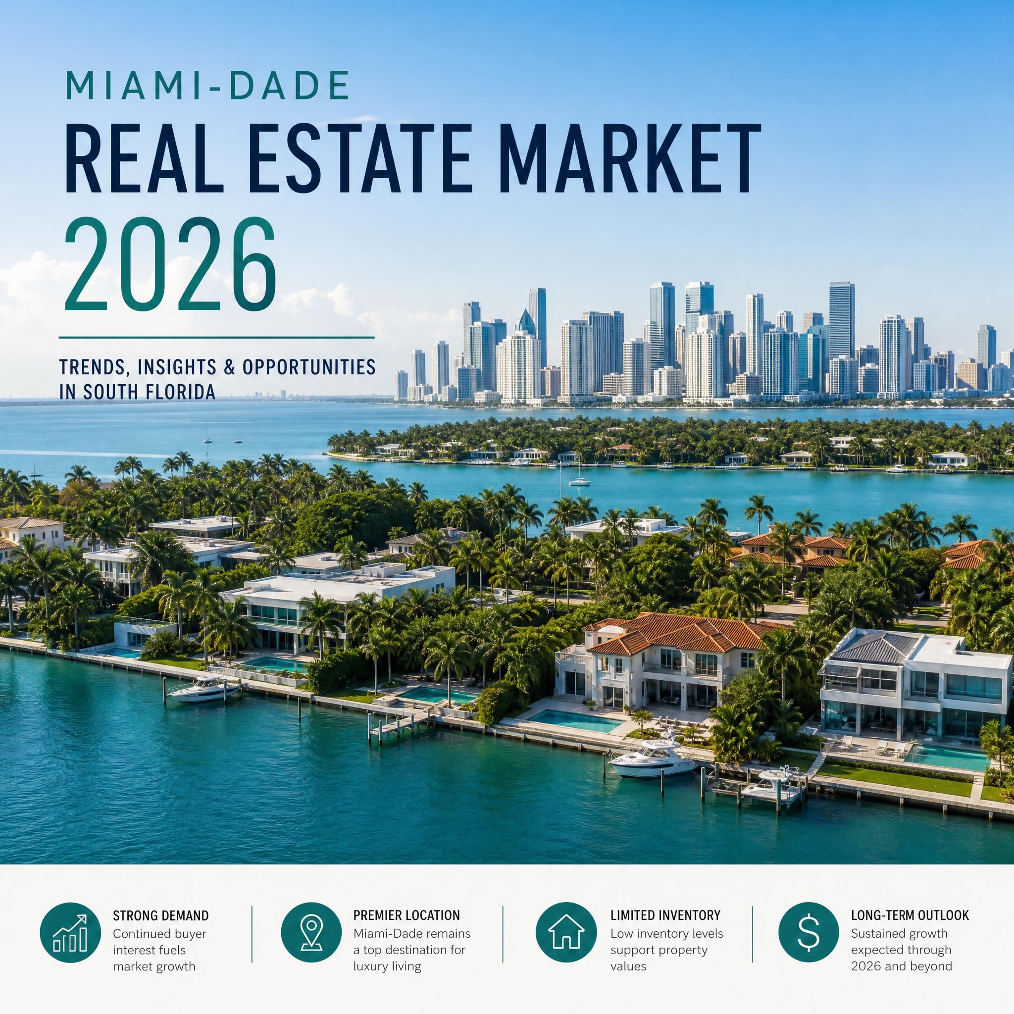 Aerial view of Miami-Dade waterfront luxury properties with downtown Miami skyline in the background, South Florida real estate market 2026
