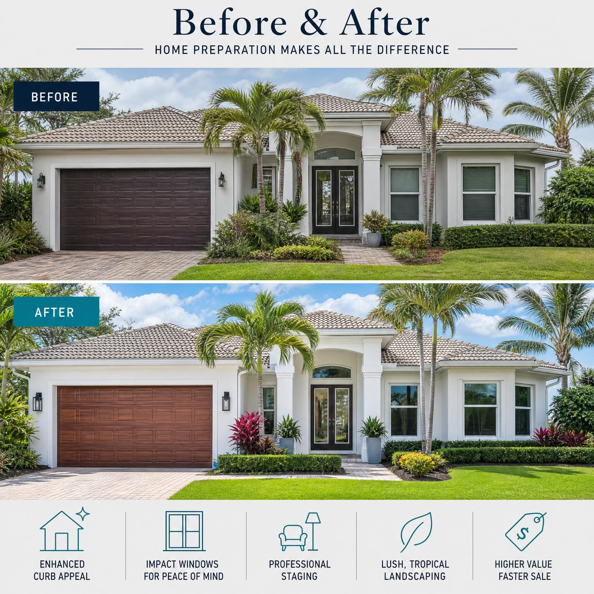 Before and after home preparation comparison showing a well-staged South Florida single-family home with tropical landscaping and impact windows, optimized for sale
