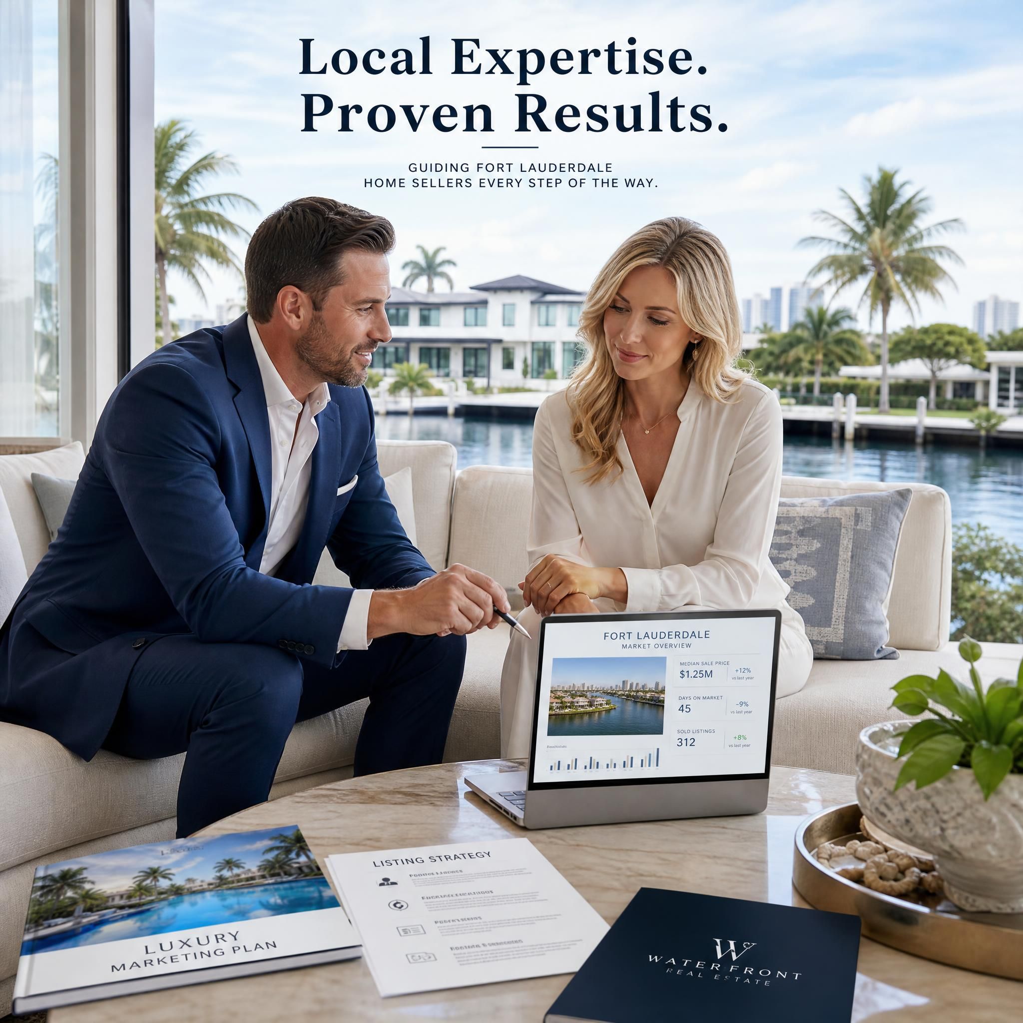 Professional South Florida real estate agent consulting with a home seller at a luxury property in Fort Lauderdale, reviewing market data and listing strategy
