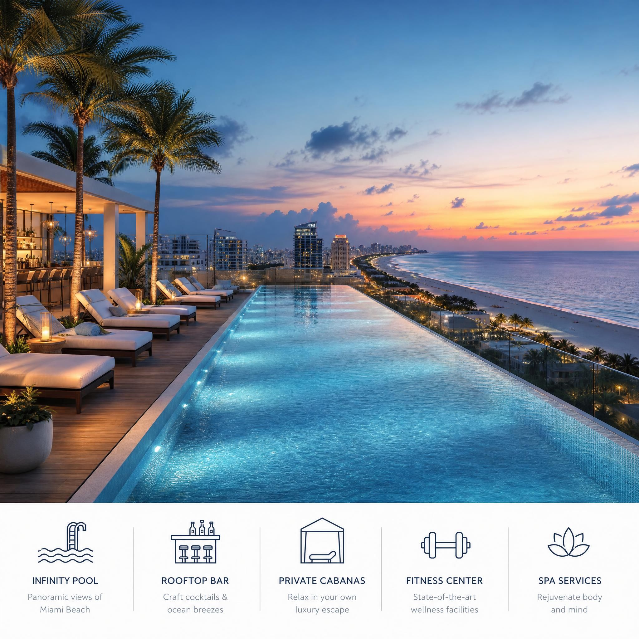 Rooftop infinity pool at a luxury Miami Beach condo with panoramic ocean and city skyline views at dusk, resort-style amenities
