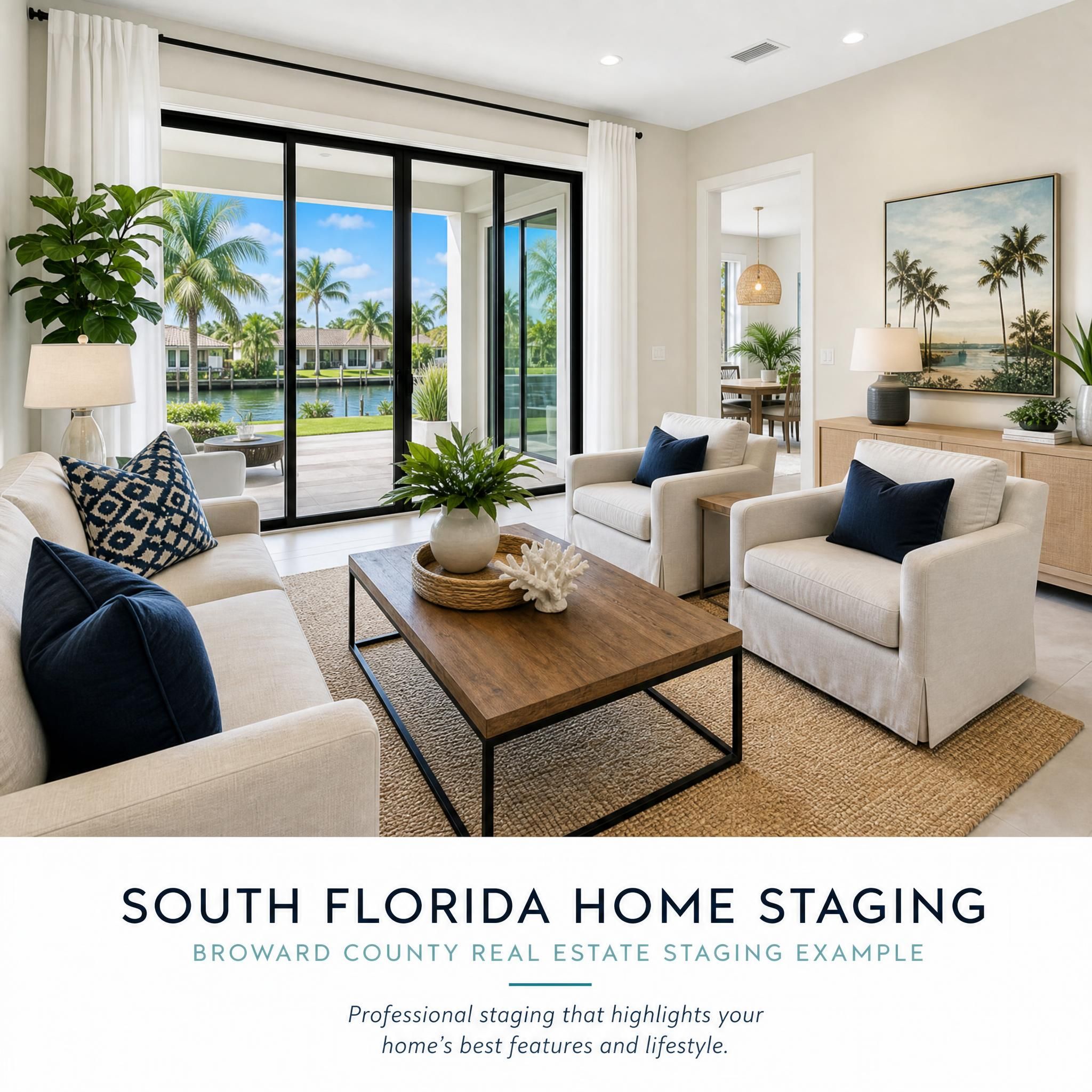 Professional home staging of a South Florida single-family living room with tropical natural light, Broward County real estate staging example