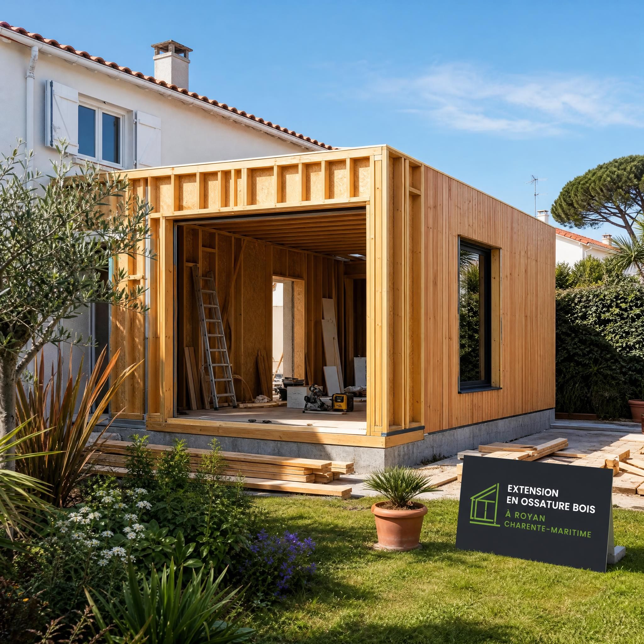 Extension de maison en ossature bois à Royan, Charente-Maritime, vue chantier avec jardin