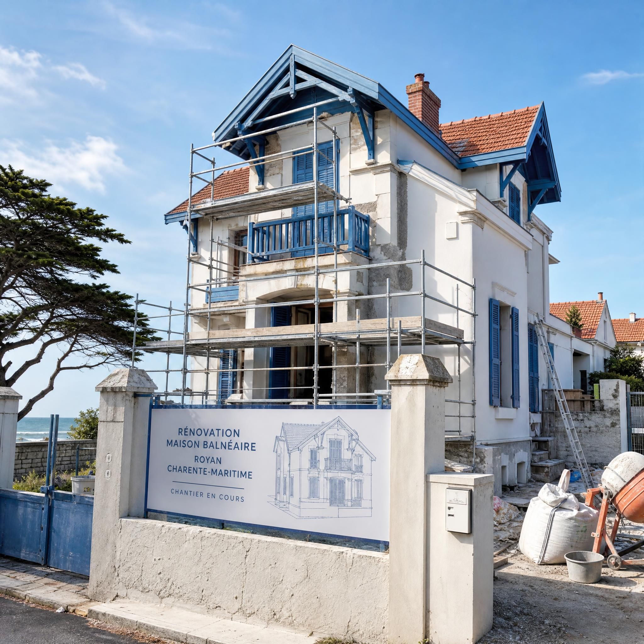 Maison balnéaire en cours de rénovation à Royan, Charente-Maritime, vue extérieure chantier