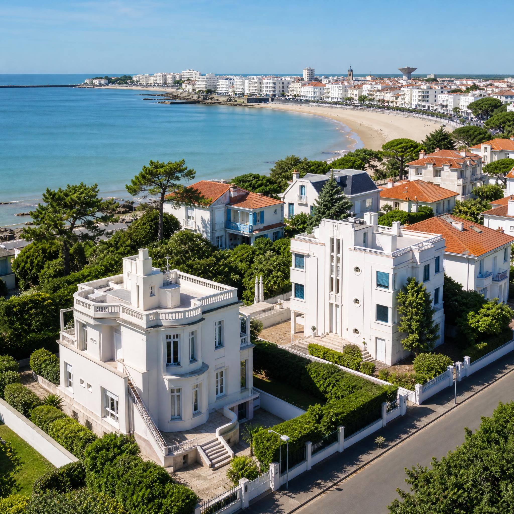 Vue aérienne de villas balnéaires à Royan avec architecture Art déco typique de la Côte de Beauté