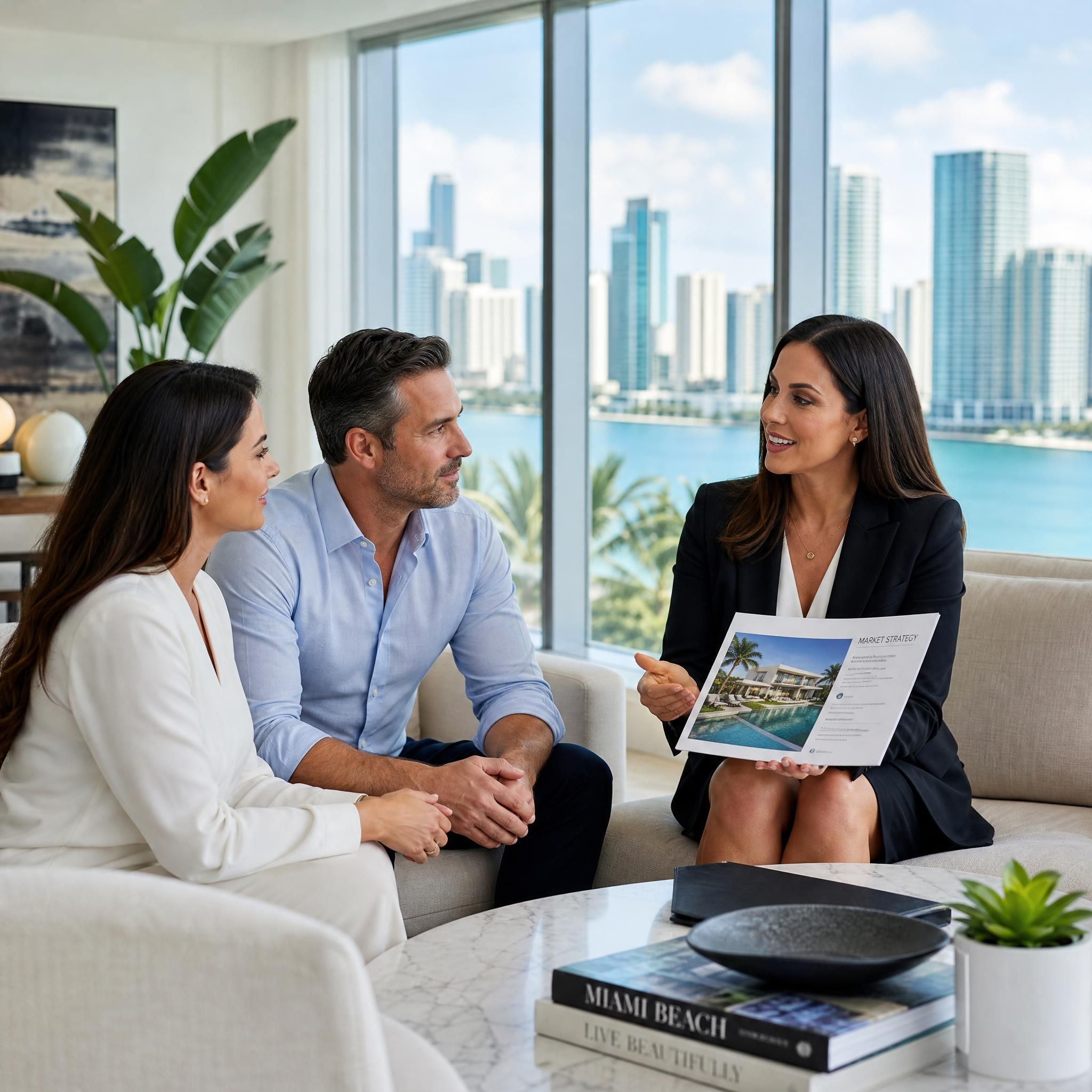 Professional South Florida real estate agent consulting with sellers at a luxury home, Miami skyline visible through floor-to-ceiling windows