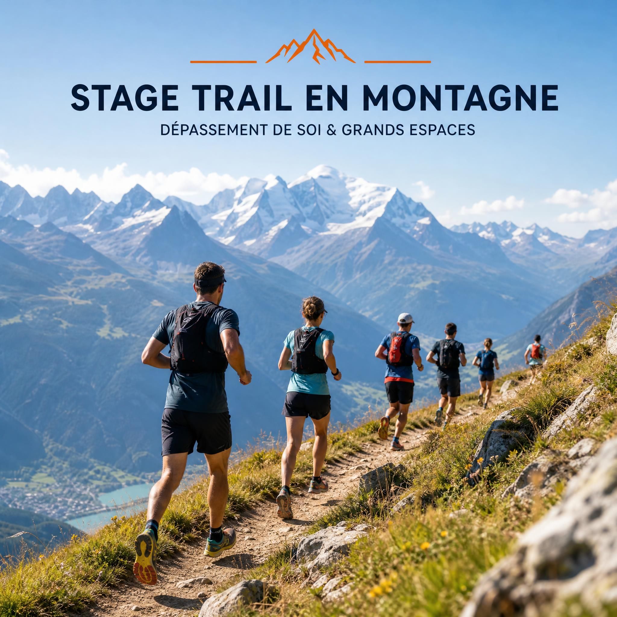 Groupe de sportifs en stage trail en montagne, courant sur un sentier avec vue panoramique sur les Alpes françaises