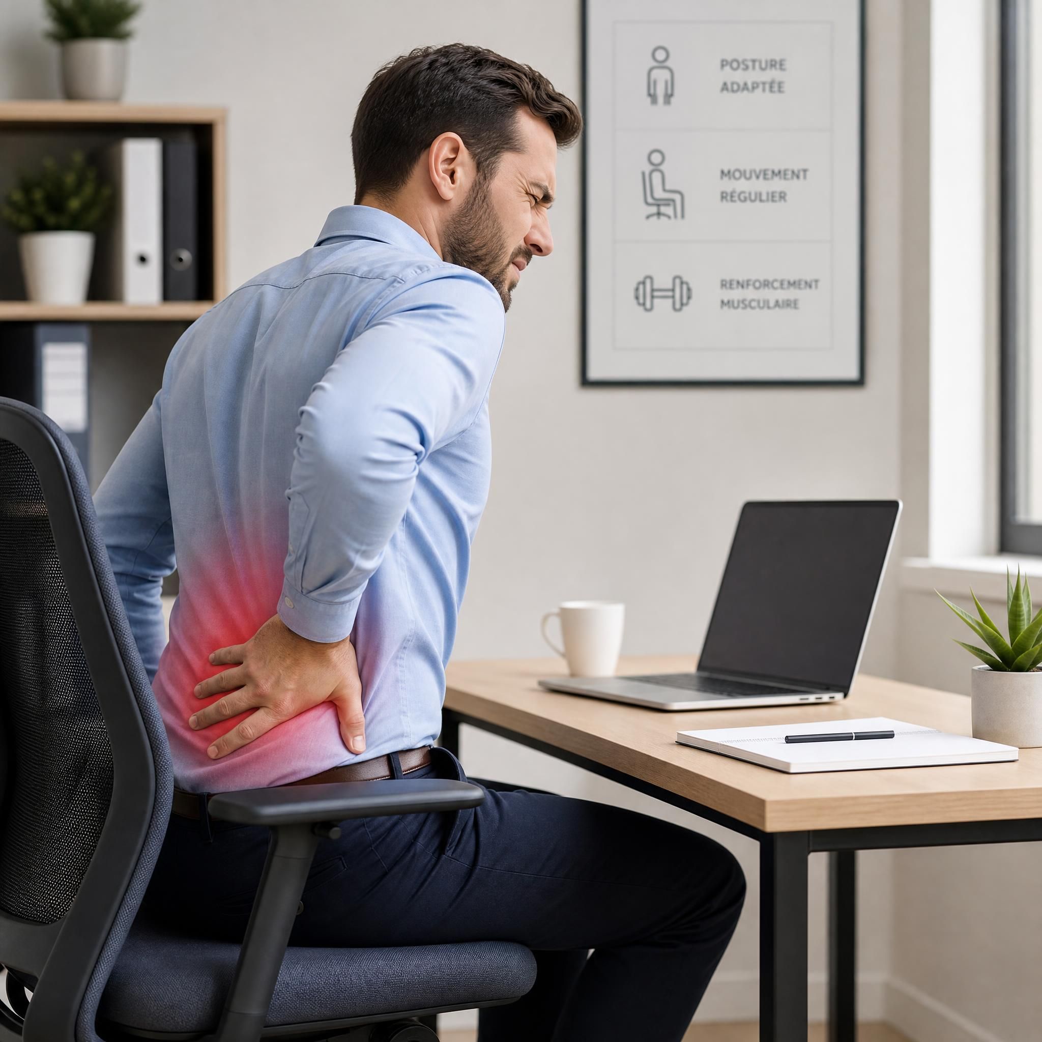 Personne souffrant de douleurs lombaires en position assise au bureau, tenant son bas du dos