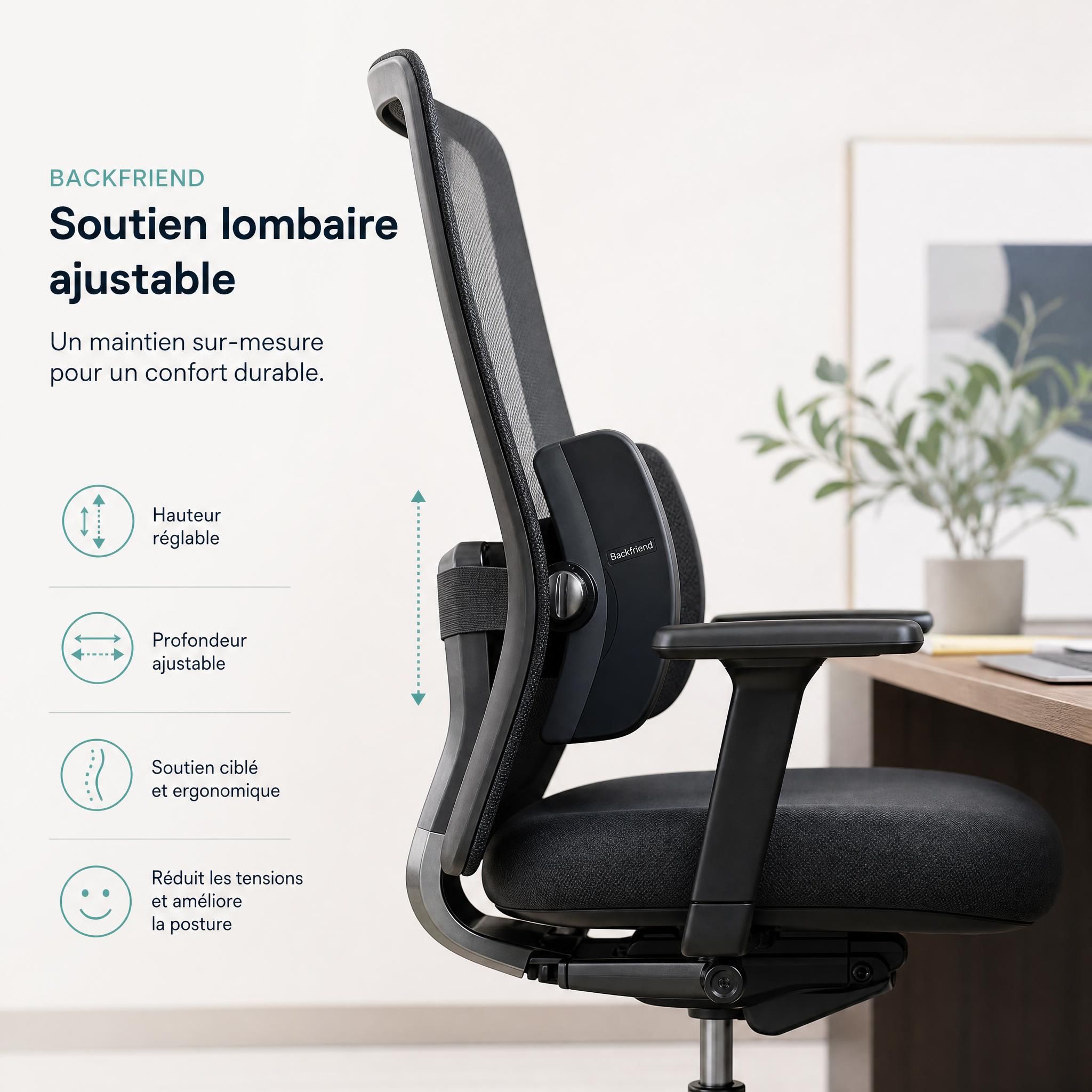 Siège lombaire Backfriend posé sur une chaise de bureau, vue de profil montrant le soutien lombaire ajustable