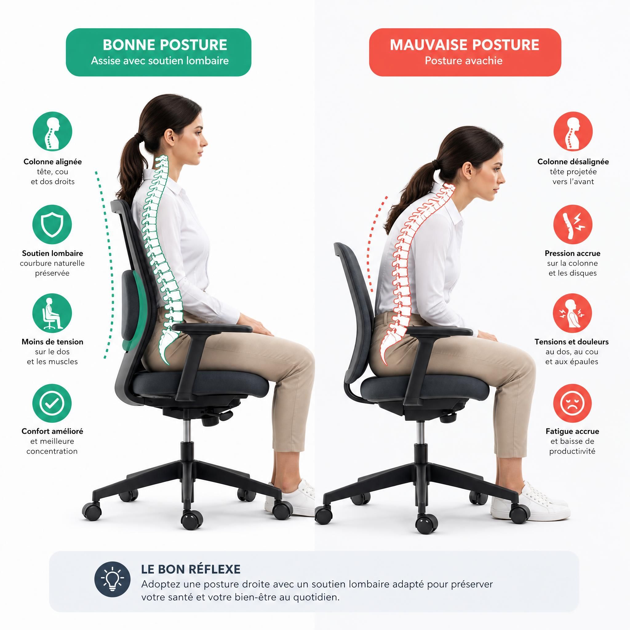 Schéma comparatif de la colonne vertébrale en bonne posture assise avec soutien lombaire versus mauvaise posture avachie