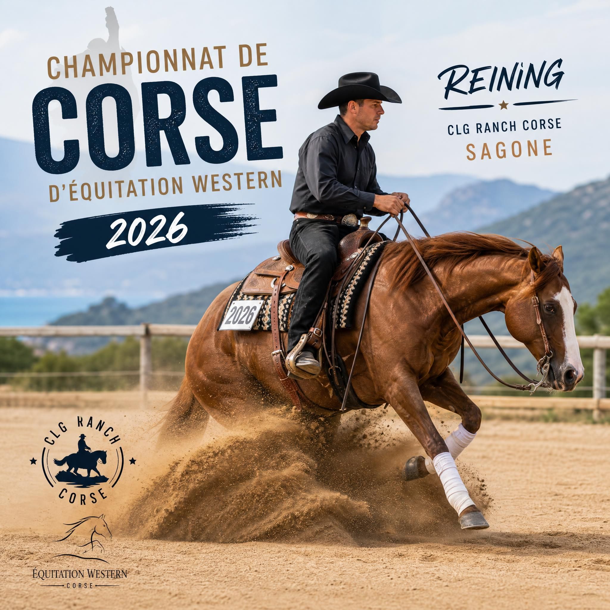 Cavalier en action lors d'une épreuve de reining au Championnat de Corse d'équitation western 2026, CLG Ranch Corse, Sagone