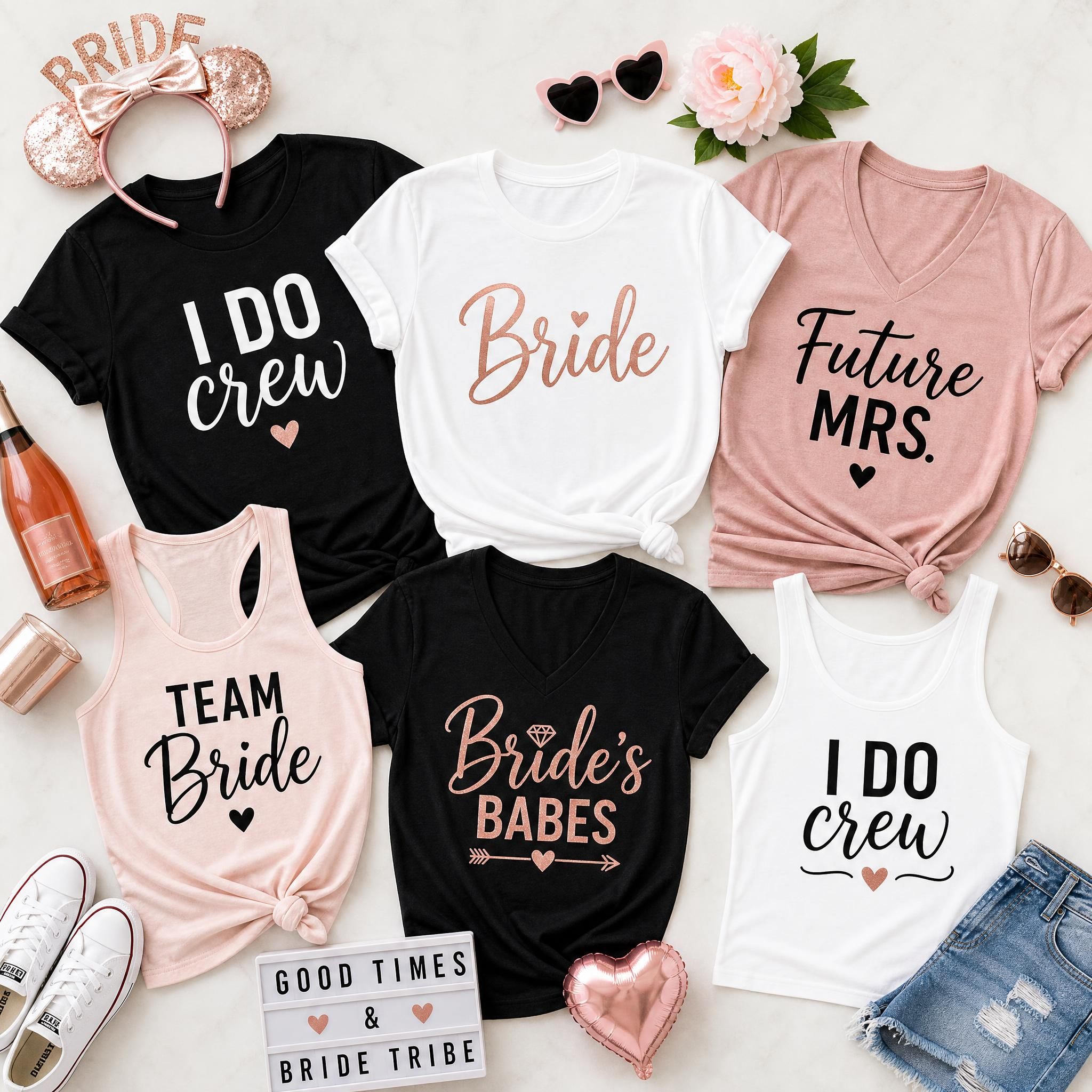 Flat lay of bachelorette party shirt styles including crew tees, v-necks, and tank tops with fun phrases like 