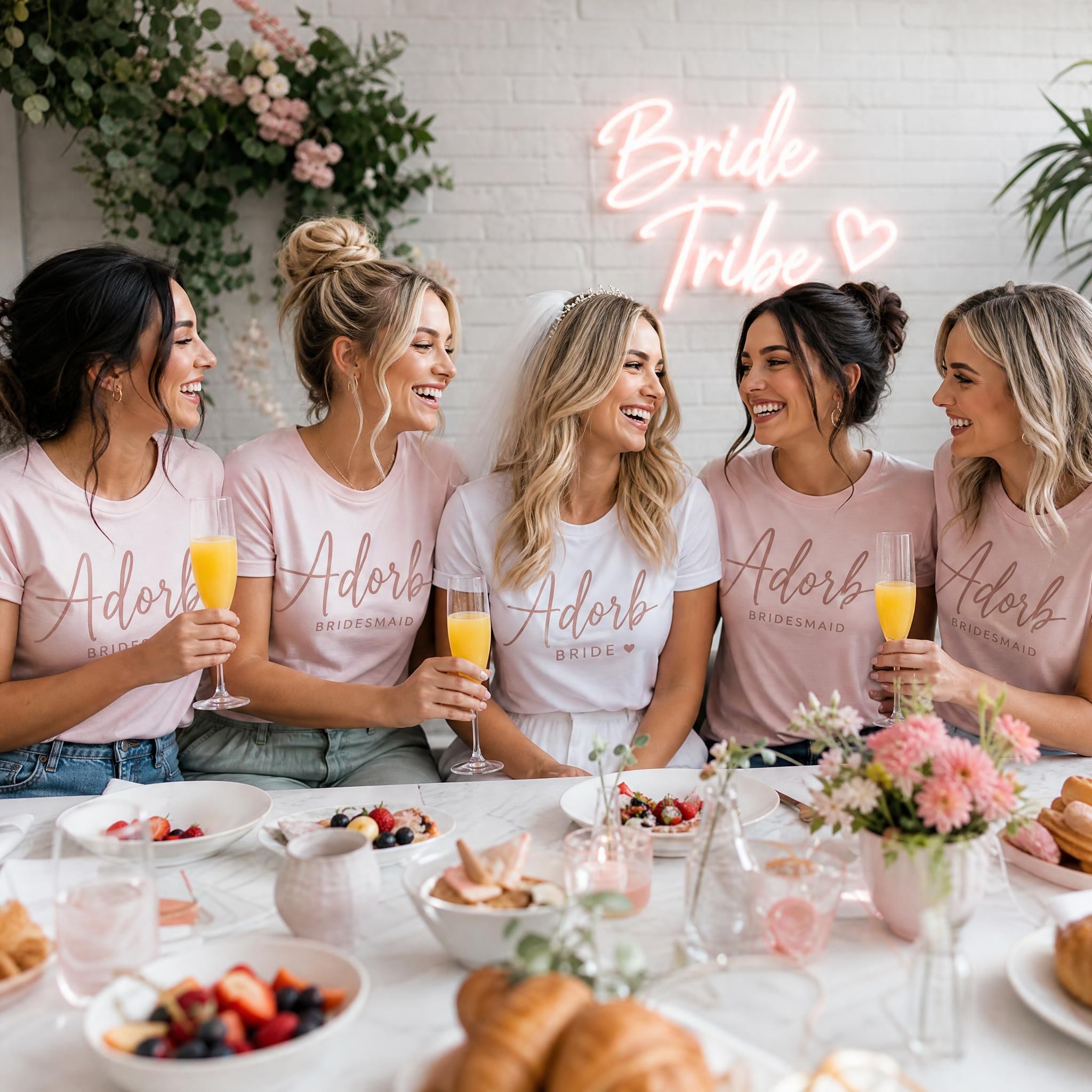 Bride and bridesmaids wearing coordinated Adorb bachelorette shirts at a brunch, laughing and holding mimosas