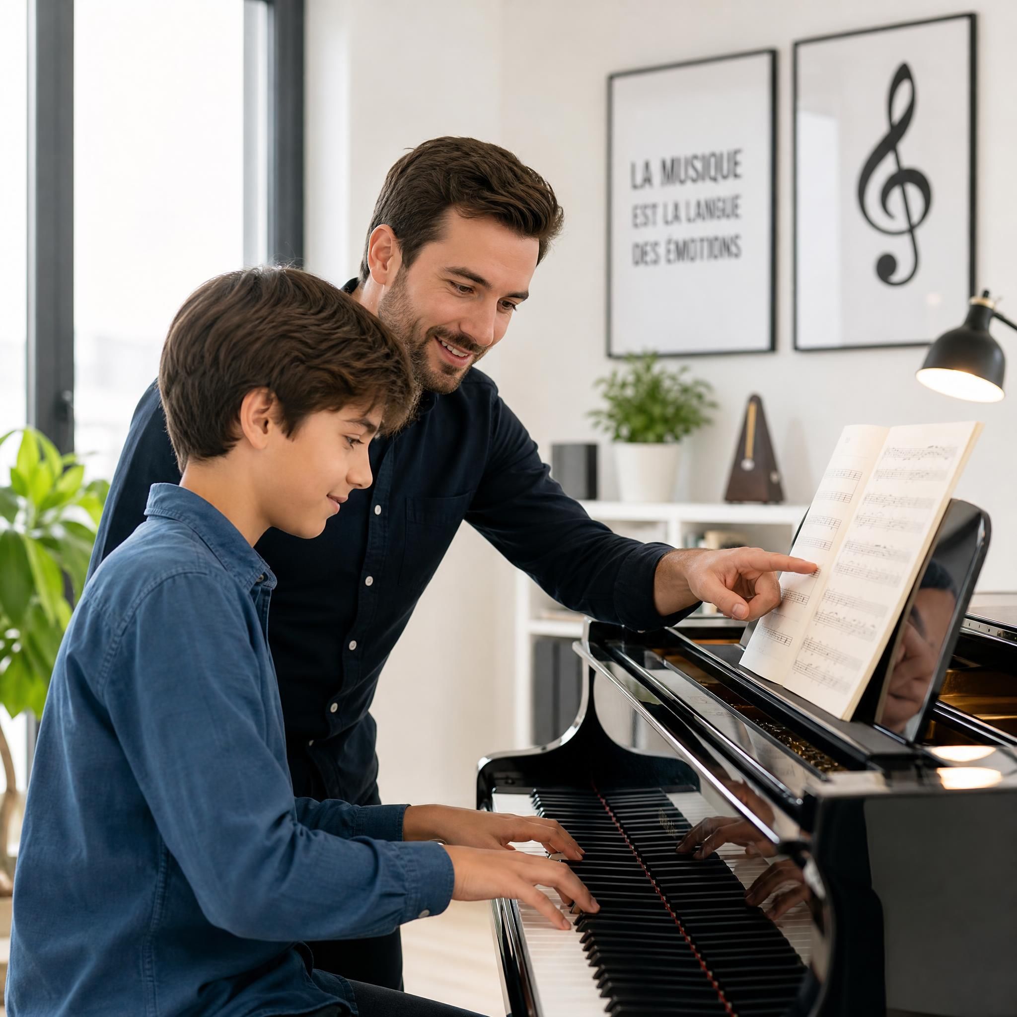 Musicien professeur de musique enseignant un élève au piano dans un studio moderne et lumineux