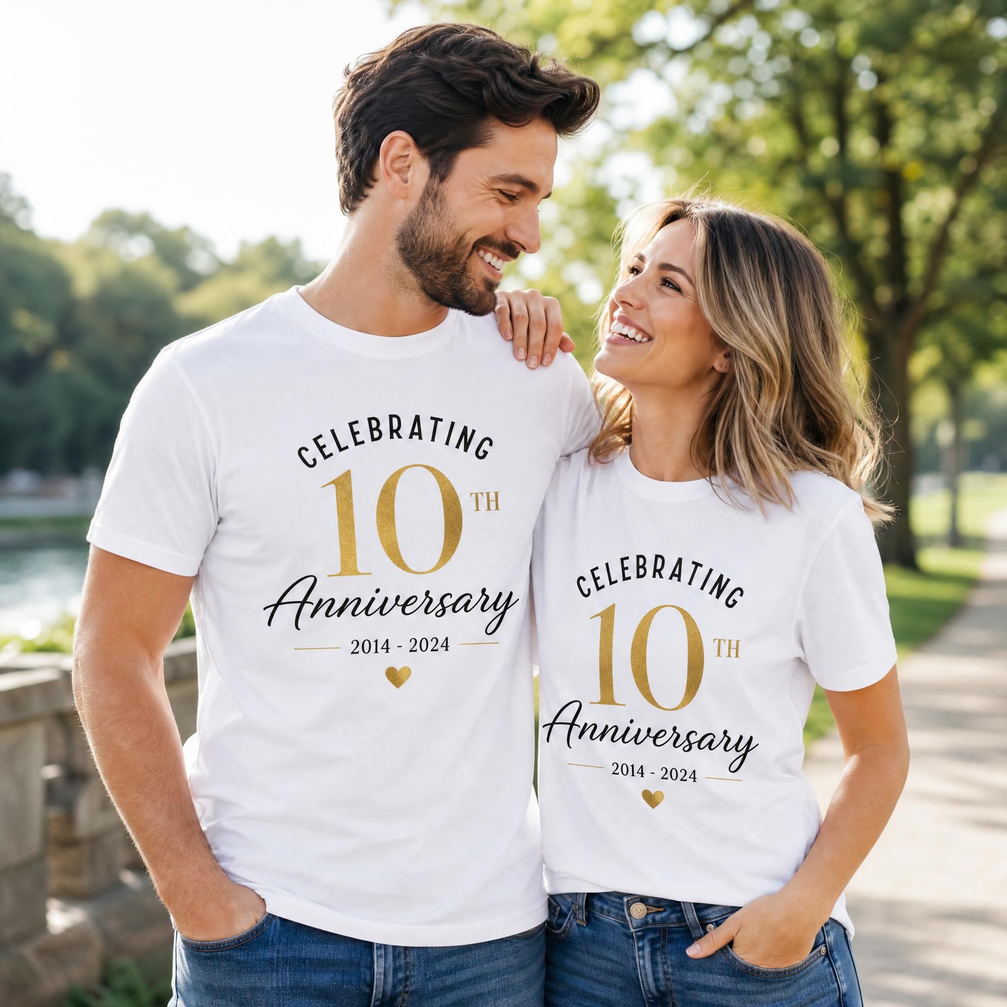 Couple wearing matching custom anniversary shirts celebrating their milestone year outdoors