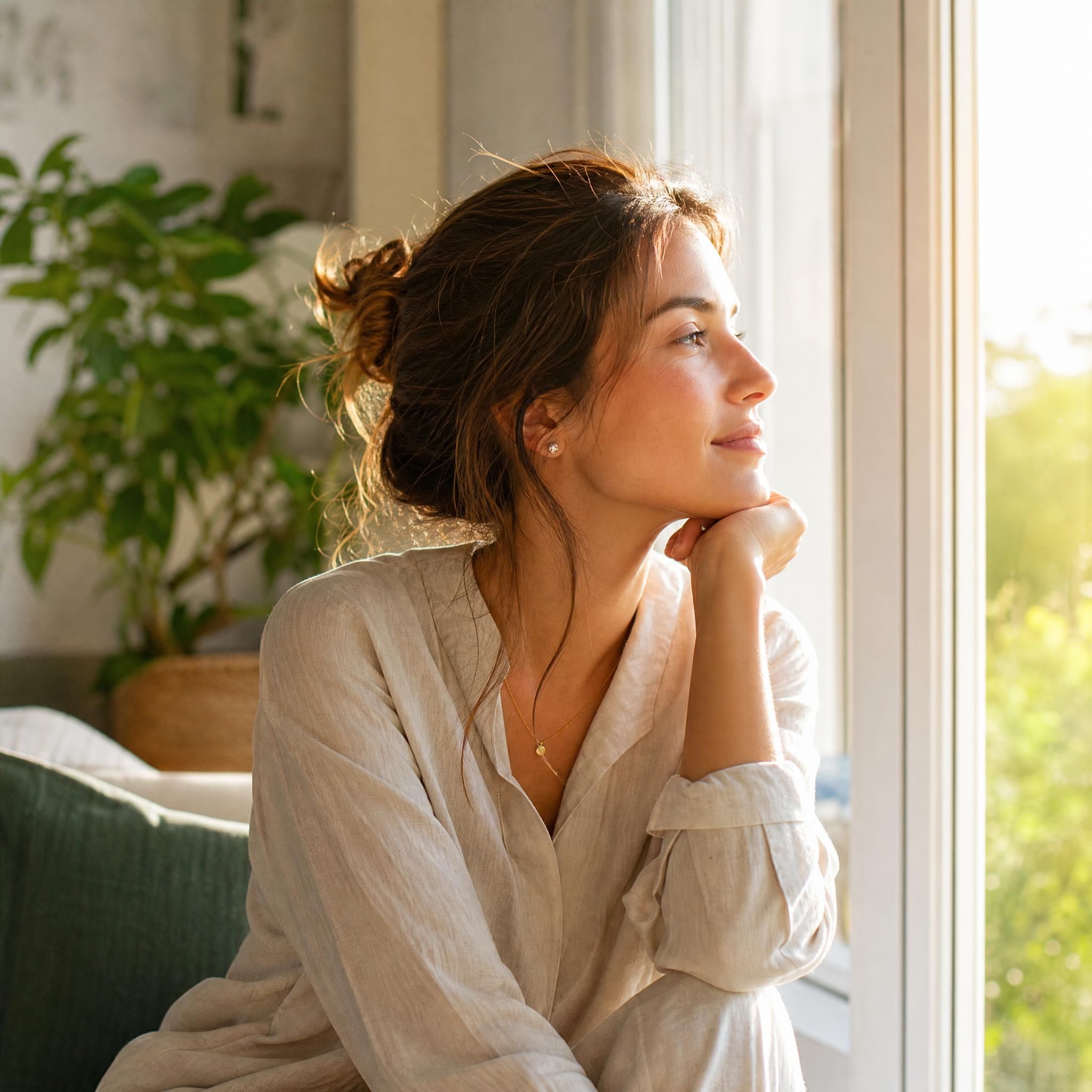 femme sereine regardant par une fenêtre lumineuse, expression apaisée et détendue, lumière naturelle dorée, plante verte en arrière-plan, ambiance de bien-être et d'équilibre intérieur