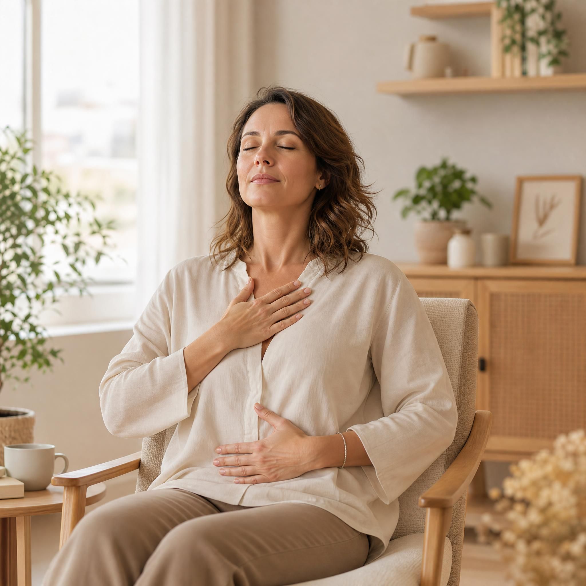 femme d'environ 40 ans, yeux fermés, visage serein, assise dans un fauteuil chaleureux, pratiquant un exercice de respiration profonde, lumière naturelle douce, tons beige et bois clair