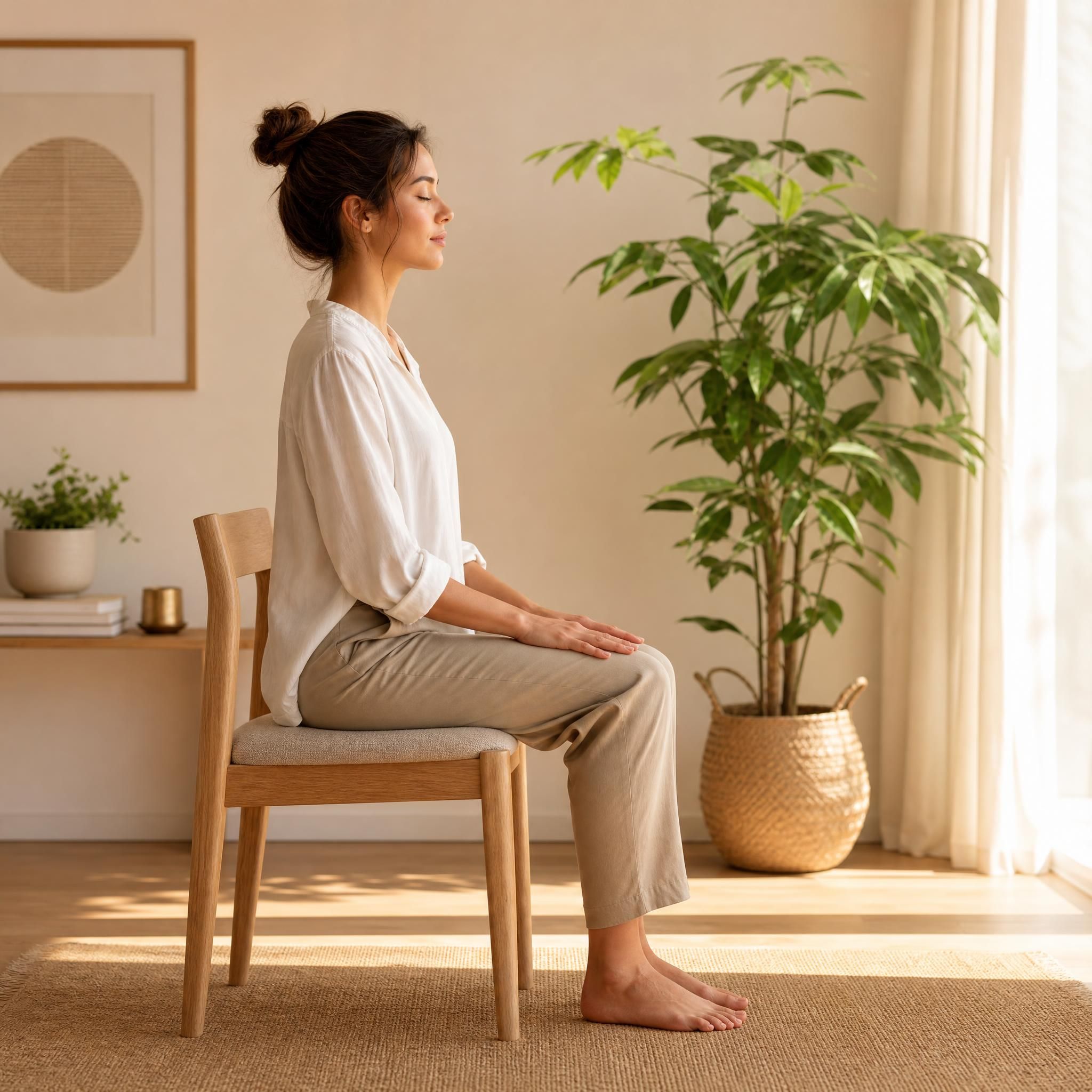 femme assise, pieds à plat sur le sol, dos droit, yeux fermés, dans un espace intérieur lumineux et apaisant avec une plante verte, lumière dorée douce, ambiance de stabilité et d'ancrage
