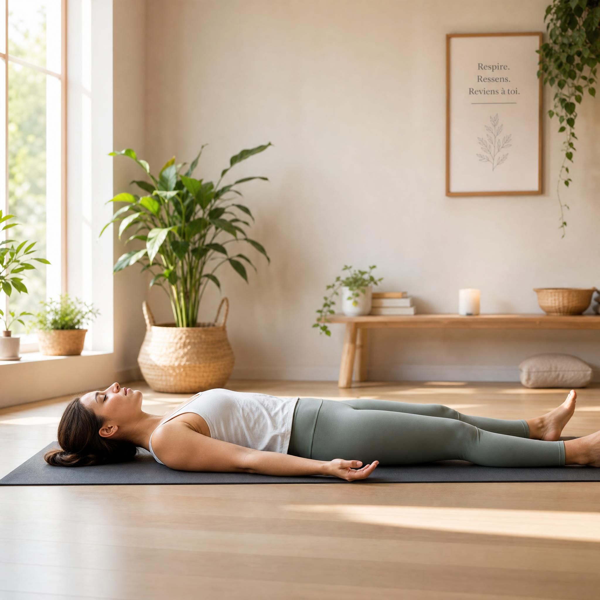 Femme allongée sur un tapis de yoga dans un espace calme et lumineux, pratiquant un scan corporel, yeux fermés, bras le long du corps, ambiance sereine et apaisante