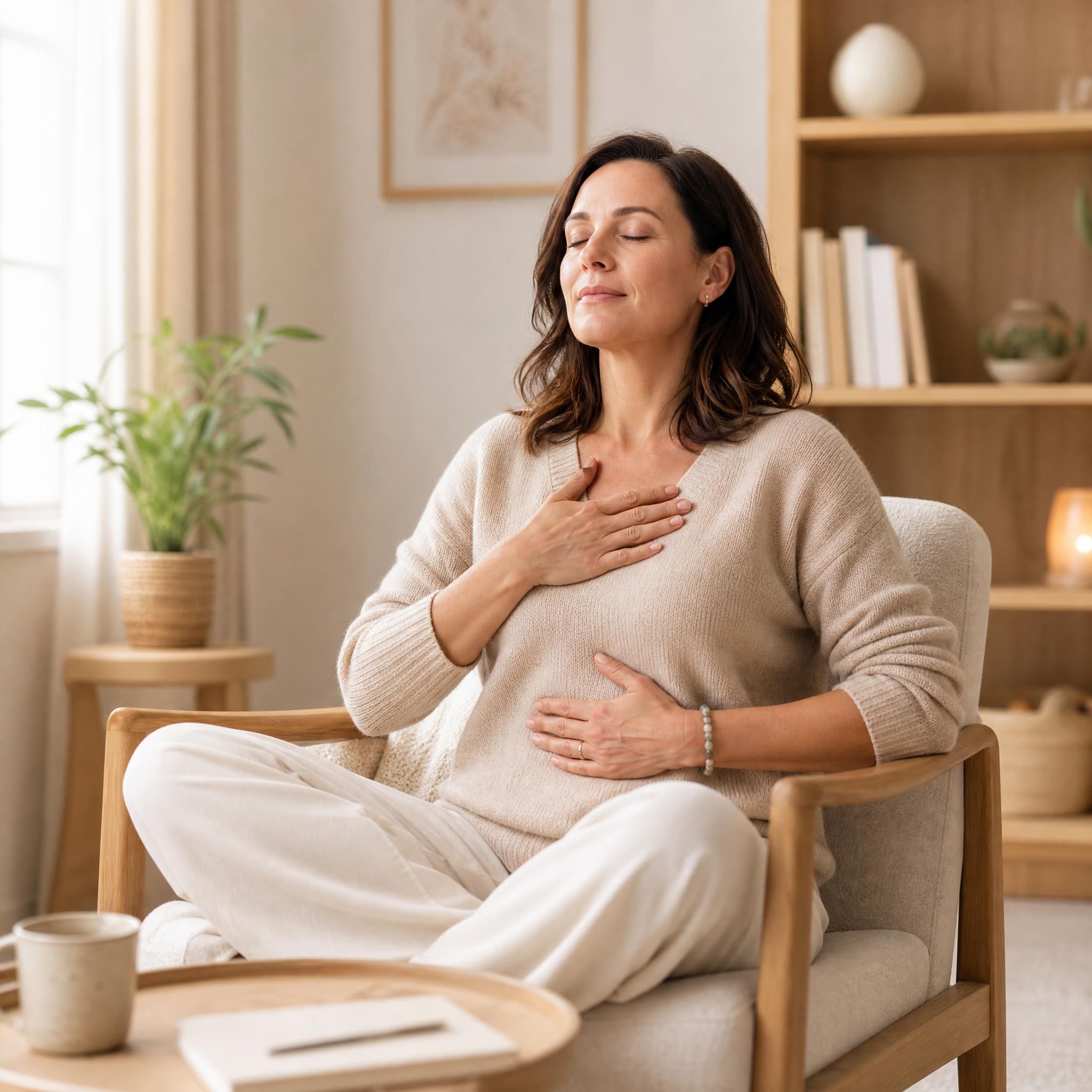 Femme d'environ 40 ans, yeux fermés, visage serein, assise confortablement dans un fauteuil, pratiquant un exercice de respiration profonde dans un espace chaleureux aux tons beige et bois clair, lumière naturelle douce