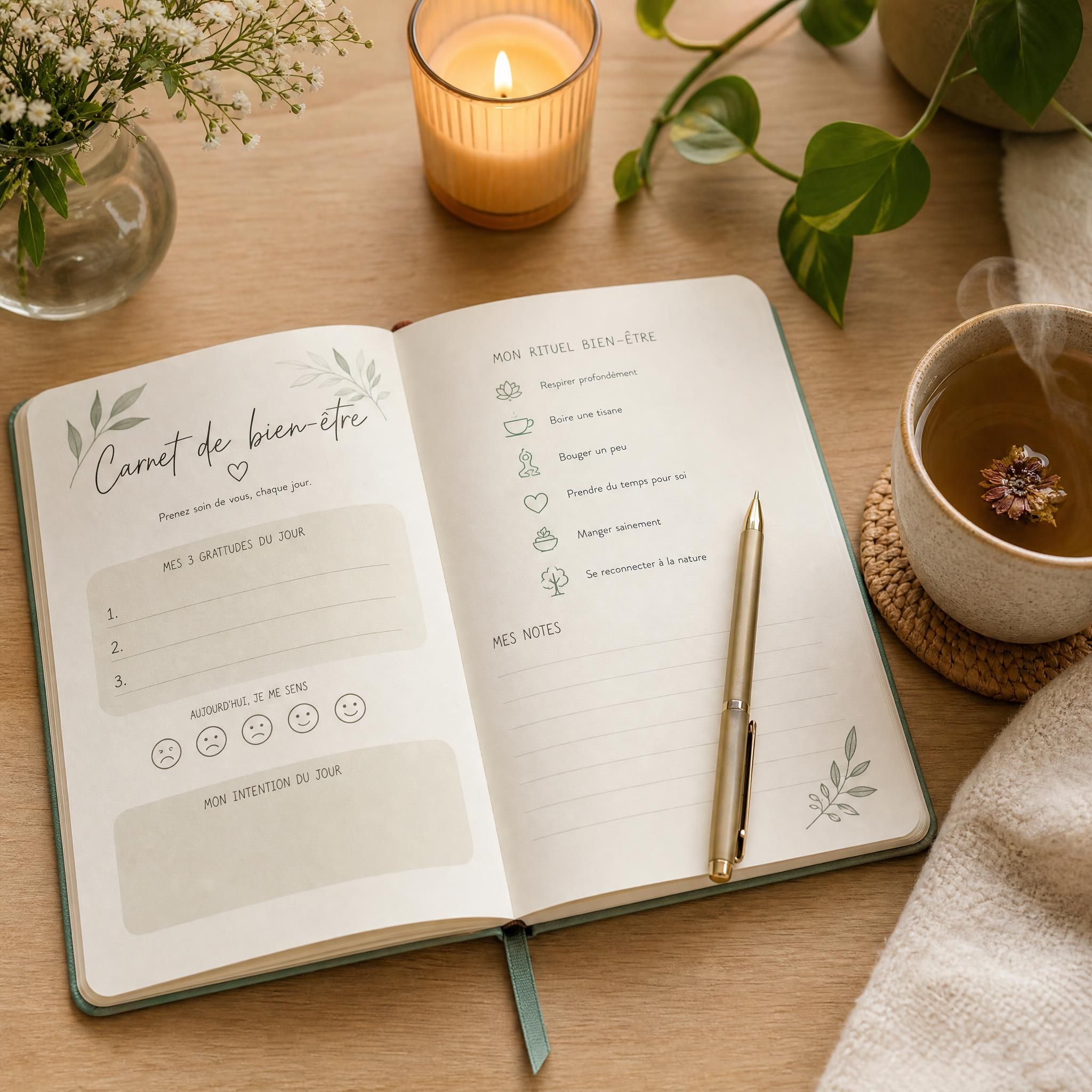 Carnet de bien-être ouvert sur une table en bois clair, stylo posé dessus, tasse de tisane fumante à côté, ambiance douce et intimiste illustrant un rituel quotidien de relaxation