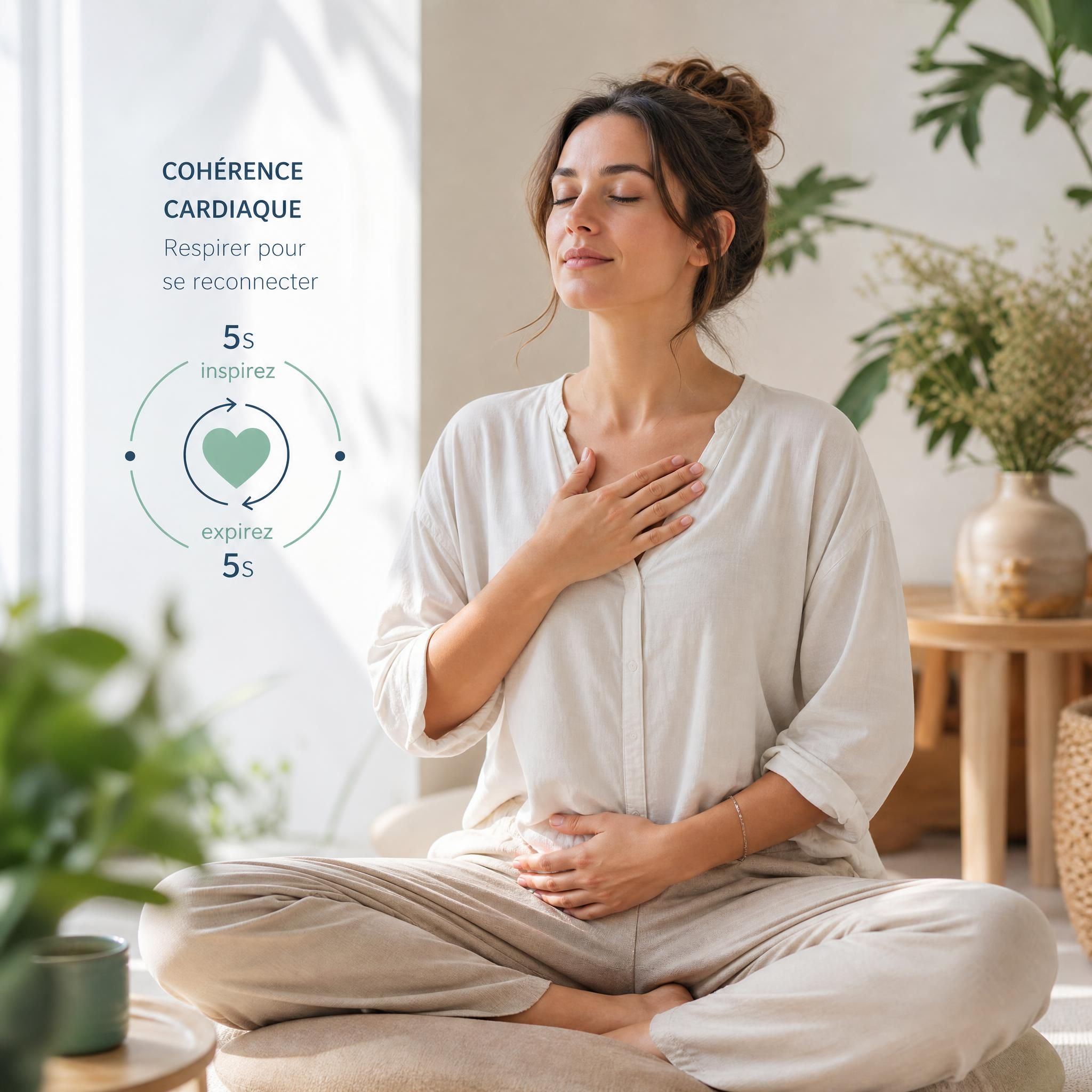 Femme en position assise détendue, une main posée sur la poitrine, yeux mi-clos, dans une pièce lumineuse et apaisante, illustrant la pratique de la respiration consciente en cohérence cardiaque