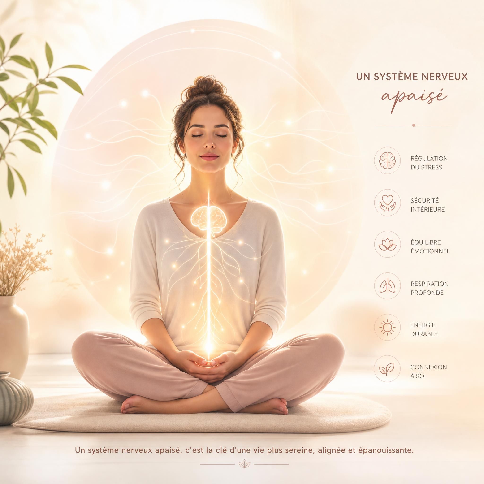 illustration douce d'un système nerveux apaisé, femme en position assise les yeux fermés avec des ondes lumineuses douces représentant la régulation intérieure, tons pastels et chaleureux