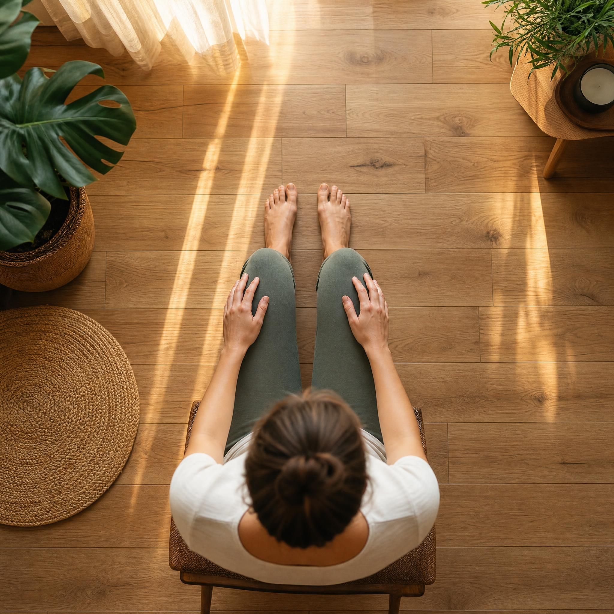 Vue de dessus apaisante d'une personne assise en position d'ancrage, pieds à plat sur un parquet en bois clair, mains posées sur les genoux, lumière naturelle dorée filtrant par une fenêtre, ambiance intérieure chaleureuse