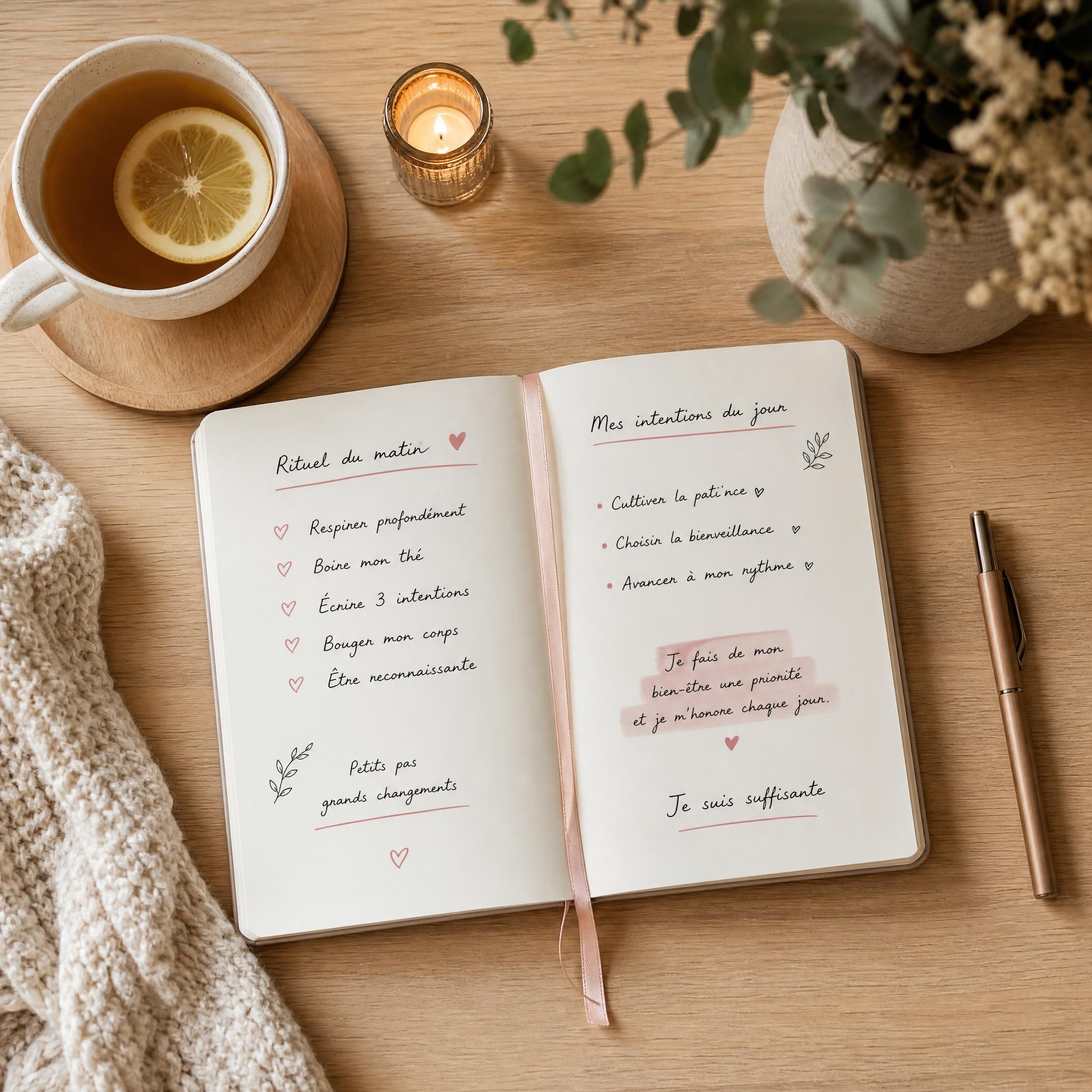 Vue de dessus d'un carnet ouvert avec des notes manuscrites bienveillantes et un stylo posé à côté, sur une table en bois clair avec une tasse de thé, évoquant un rituel de bien-être quotidien doux et ancré