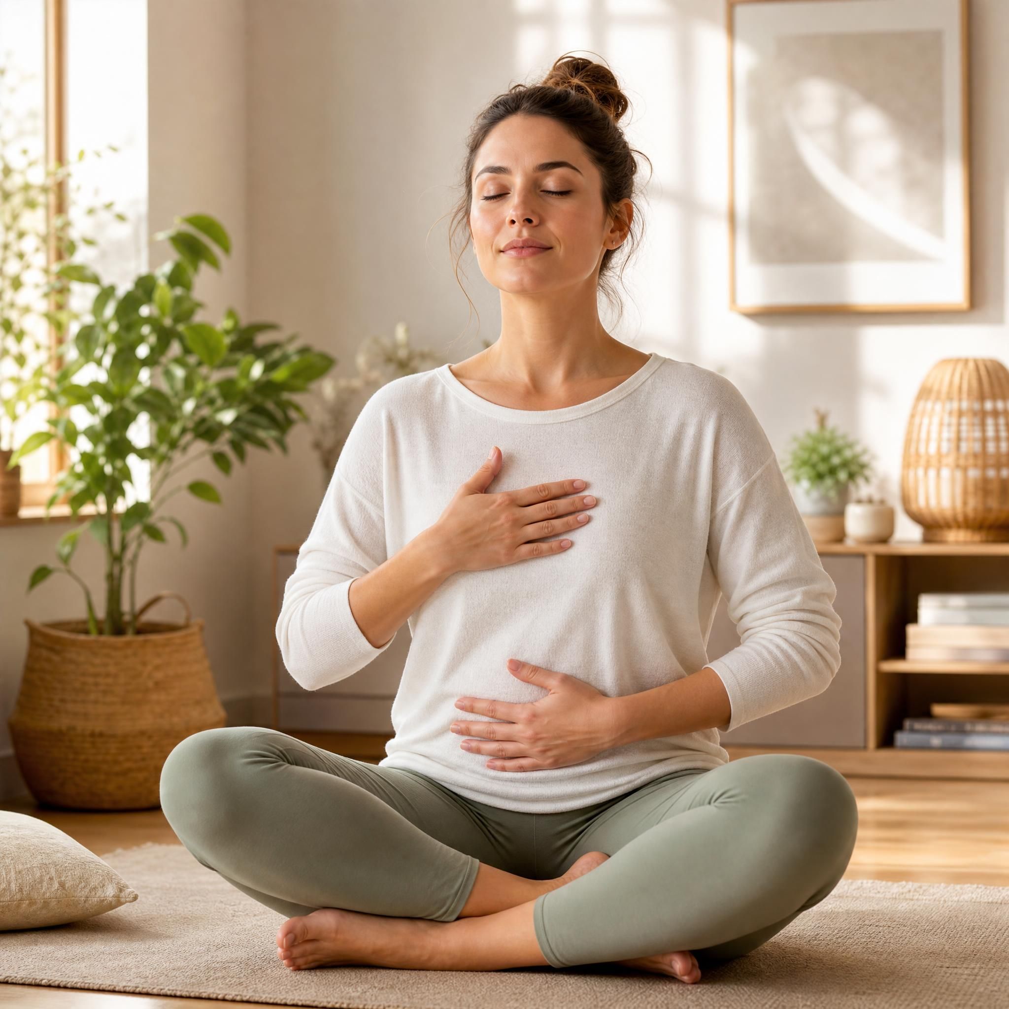 Illustration apaisante d'une femme pratiquant un exercice de respiration abdominale, main posée sur le ventre, dans un espace intérieur lumineux et chaleureux