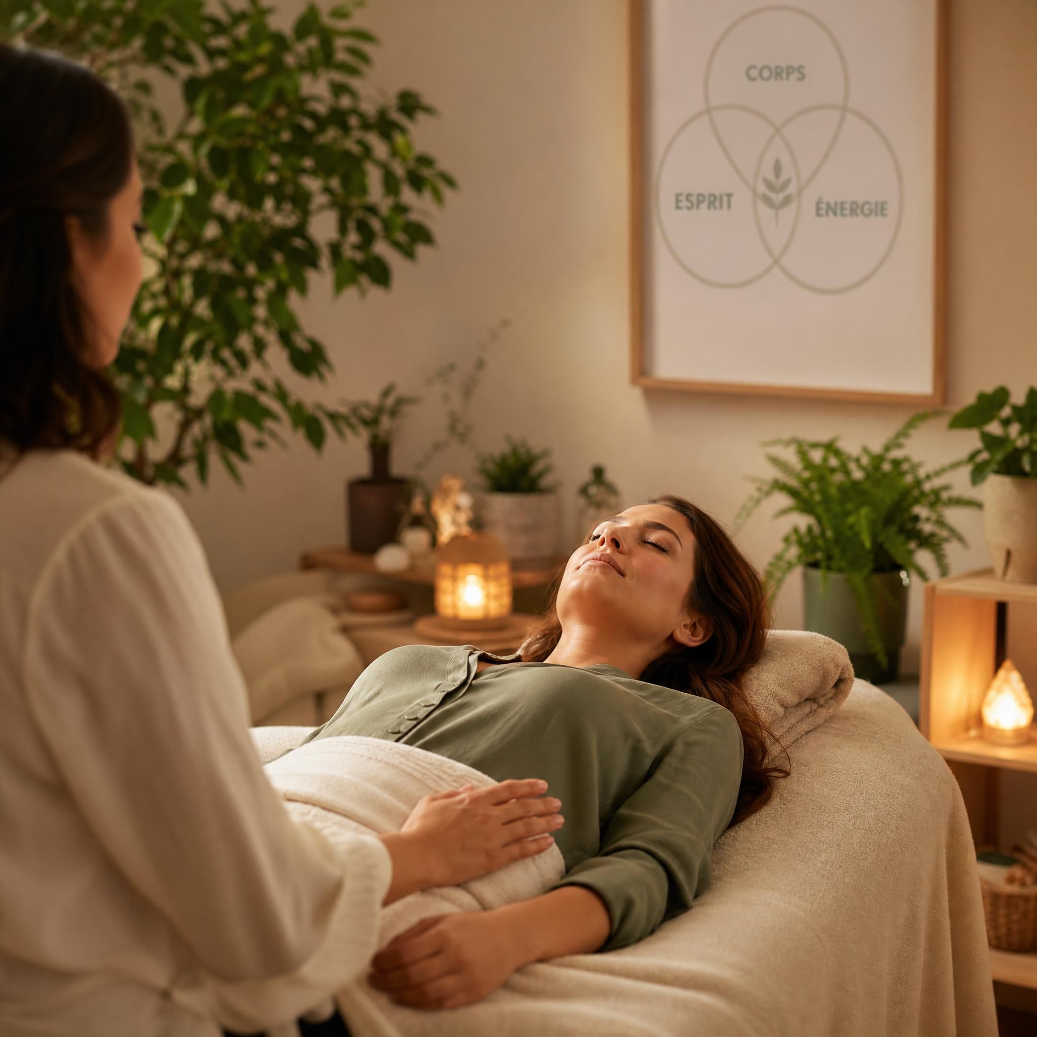 Femme en séance d'accompagnement bien-être, allongée dans un espace doux et sécurisant, lumière tamisée, plantes vertes, ambiance Corps-Esprit-Énergie, sans éléments de spectacle hypnotique