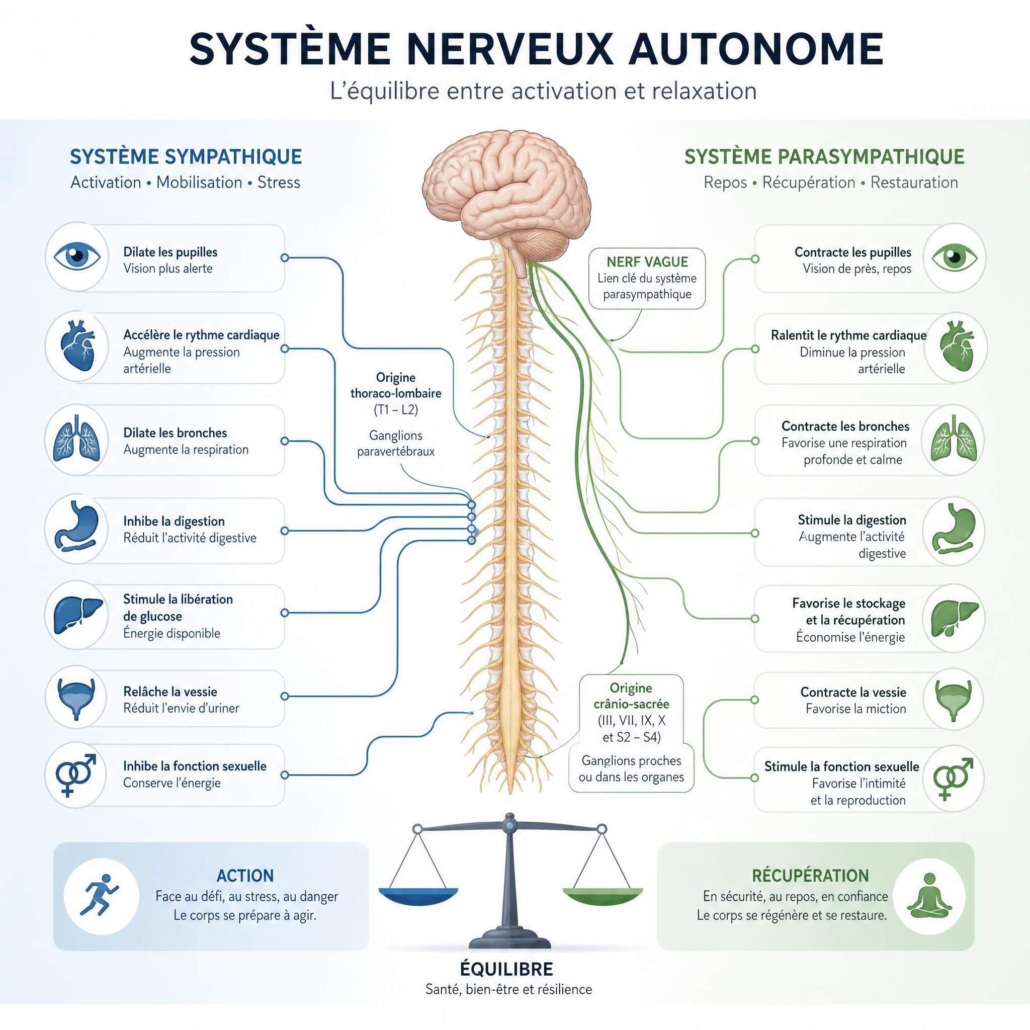 Illustration schématique du système nerveux autonome montrant l'équilibre entre système sympathique et parasympathique, avec le nerf vague mis en valeur, style graphique épuré et professionnel