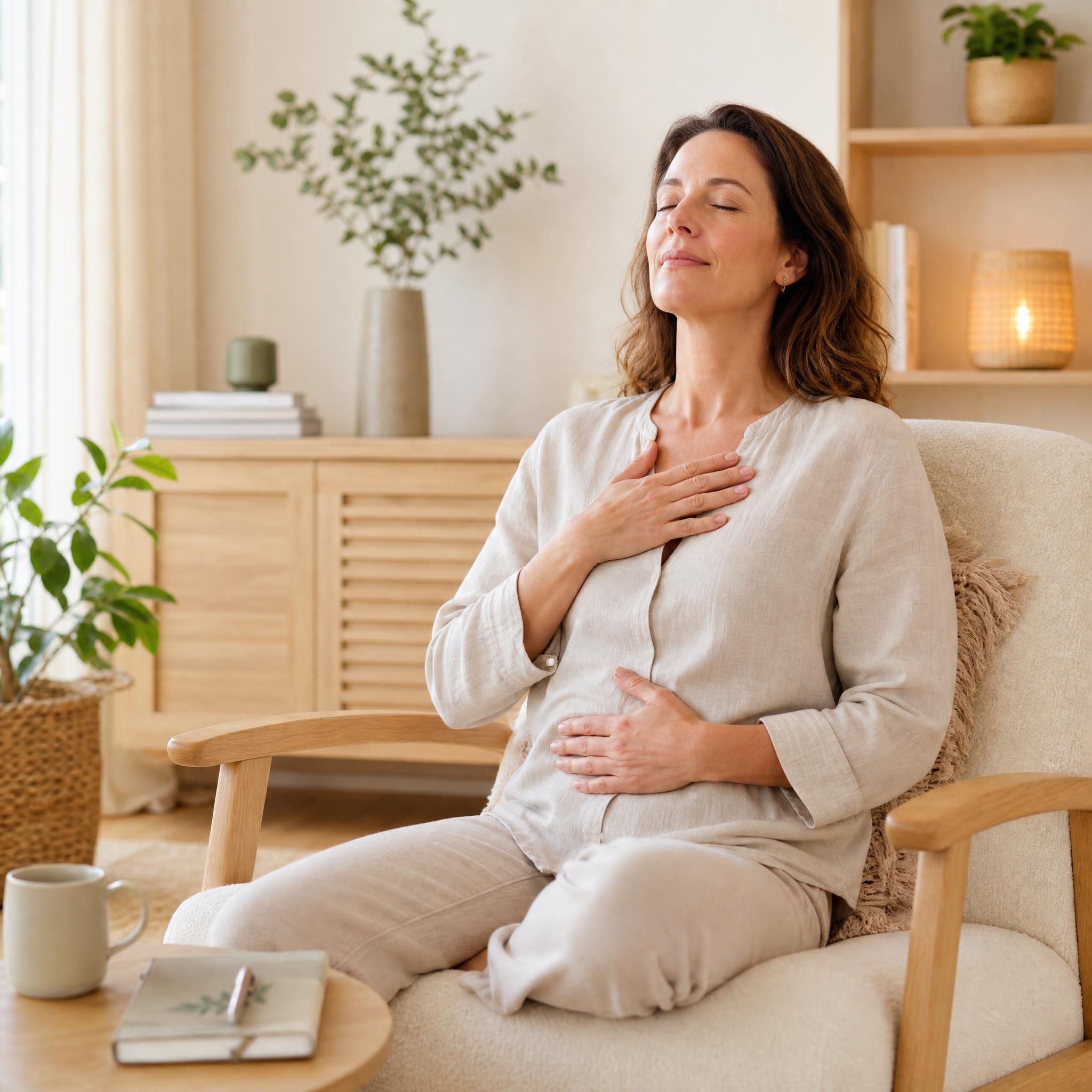 Femme d'environ 40 ans, yeux fermés, visage serein, assise dans un fauteuil chaleureux, pratiquant un exercice de respiration profonde dans un espace aux tons beige et bois clair avec lumière naturelle douce