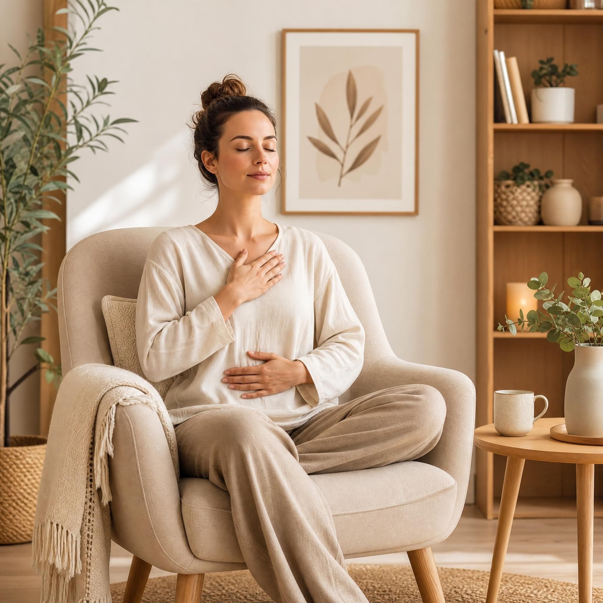 femme sereine assise dans un fauteuil confortable, yeux fermés, pratiquant un exercice de respiration profonde dans un espace chaleureux aux tons beige et bois clair