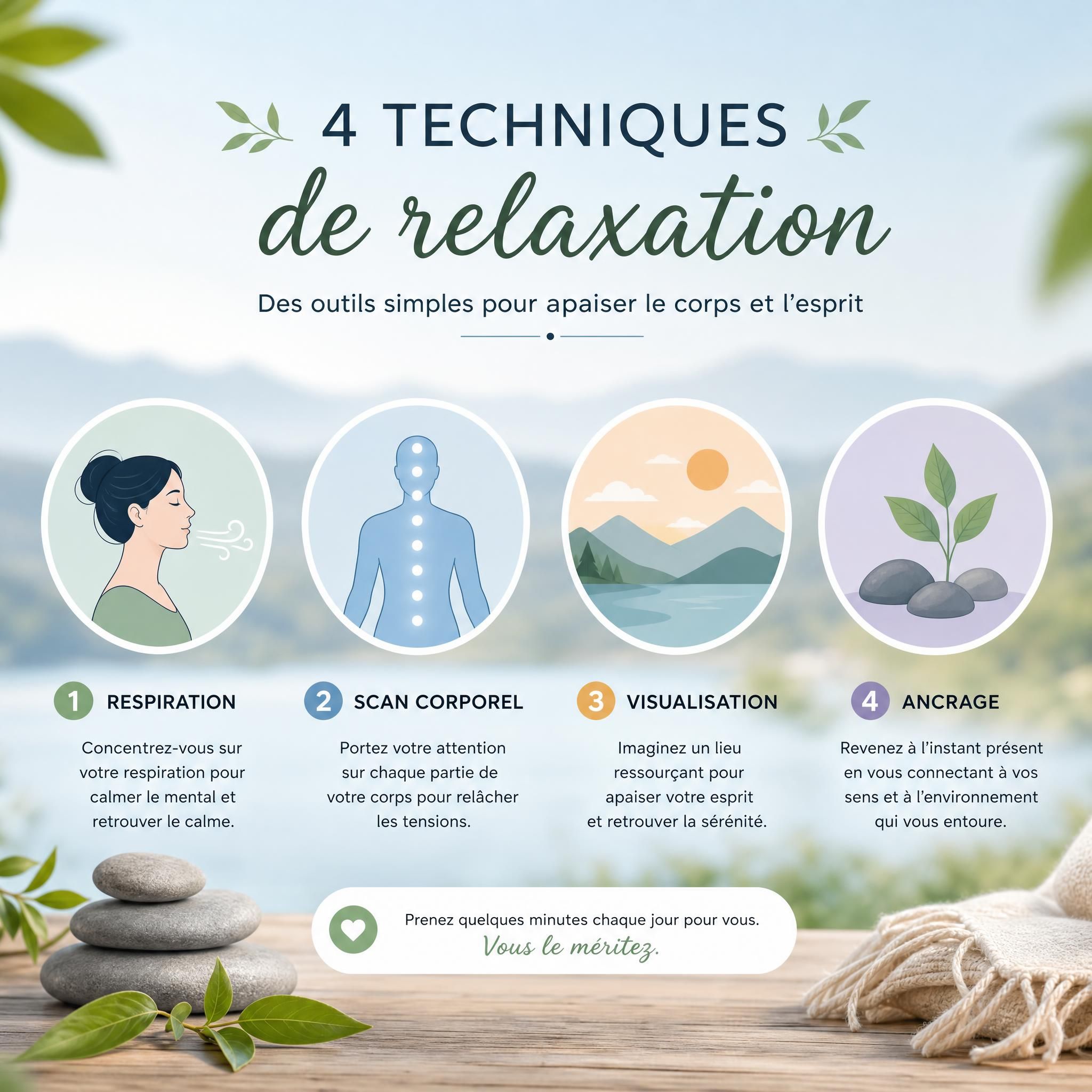 illustration comparant quatre techniques de relaxation — respiration, scan corporel, visualisation et ancrage — représentées par des icônes apaisantes sur fond naturel doux