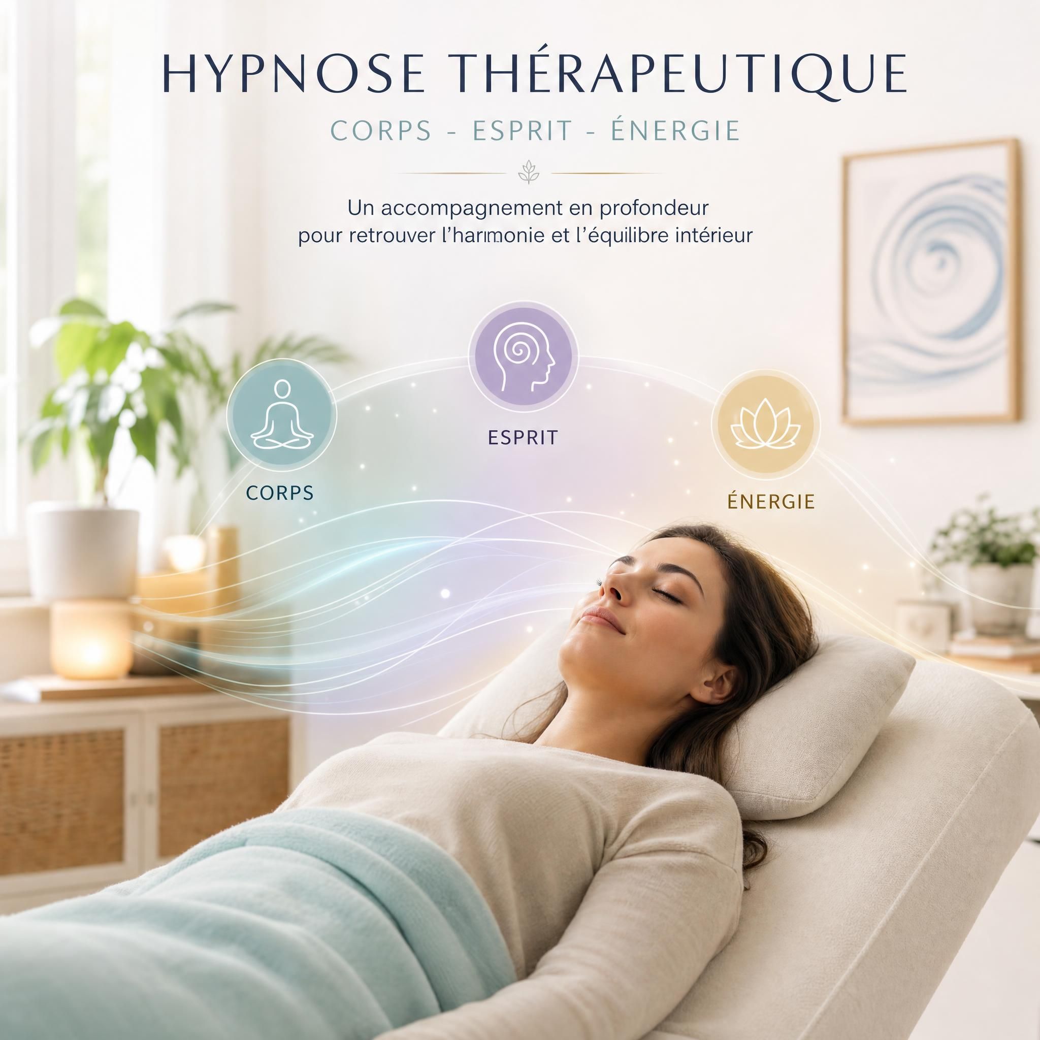 femme allongée dans un espace de soin lumineux et apaisant, en état de relaxation profonde, illustrant le travail en profondeur de l'hypnose thérapeutique corps-esprit-énergie