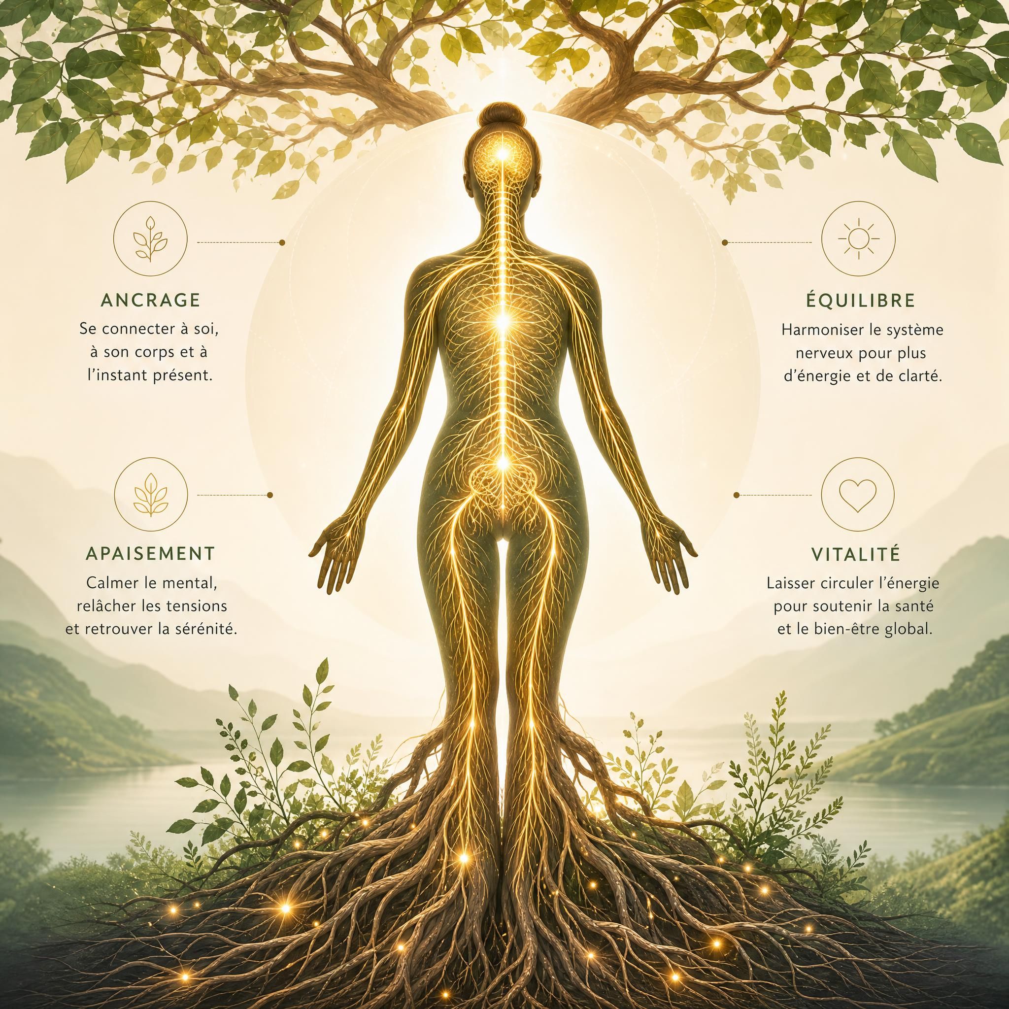 Illustration apaisante représentant un système nerveux en équilibre — racines d'arbre symbolisant l'ancrage, lumière dorée circulant dans un corps humain en silhouette, fond aux tons beige et vert doux