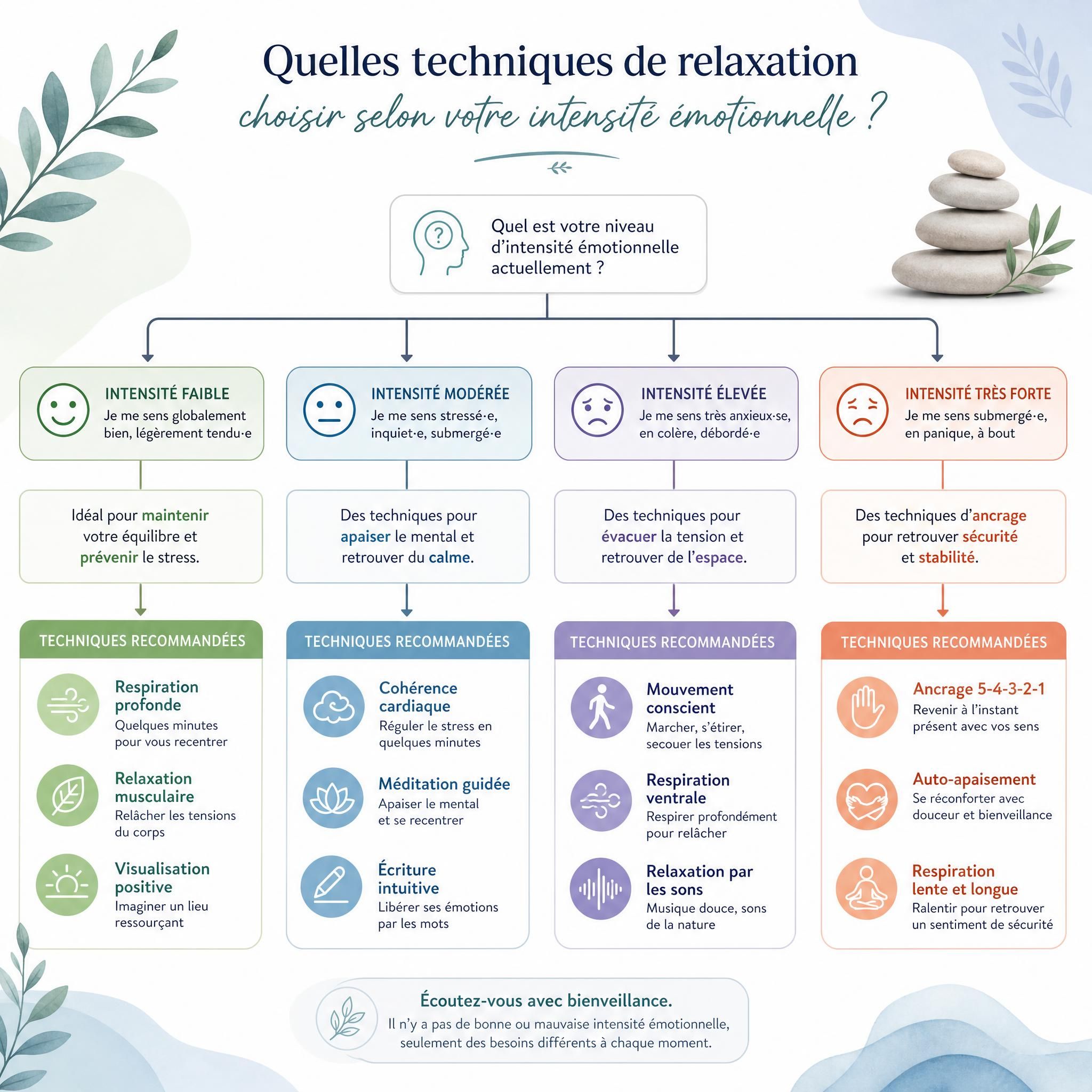arbre de décision visuel illustrant les différentes techniques de relaxation selon le niveau d'intensité émotionnelle, représenté avec des couleurs apaisantes et une typographie claire