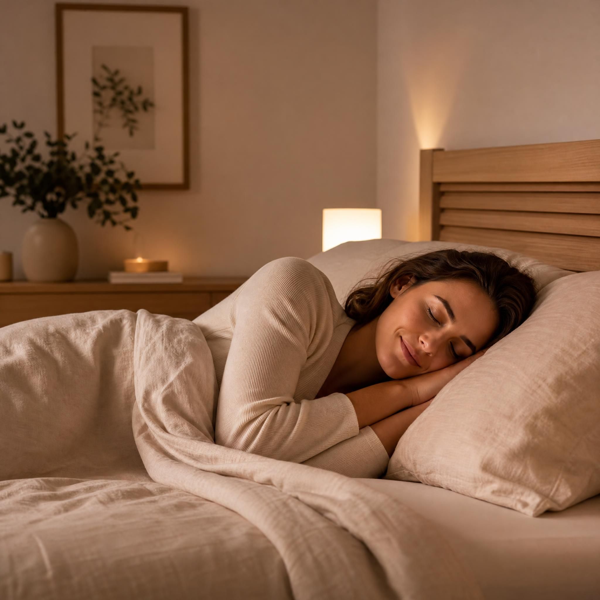 Femme sereine qui s'endort paisiblement dans une chambre tamisée aux tons beige et bois clair, lumière douce en fond, draps doux, ambiance apaisante et thérapeutique