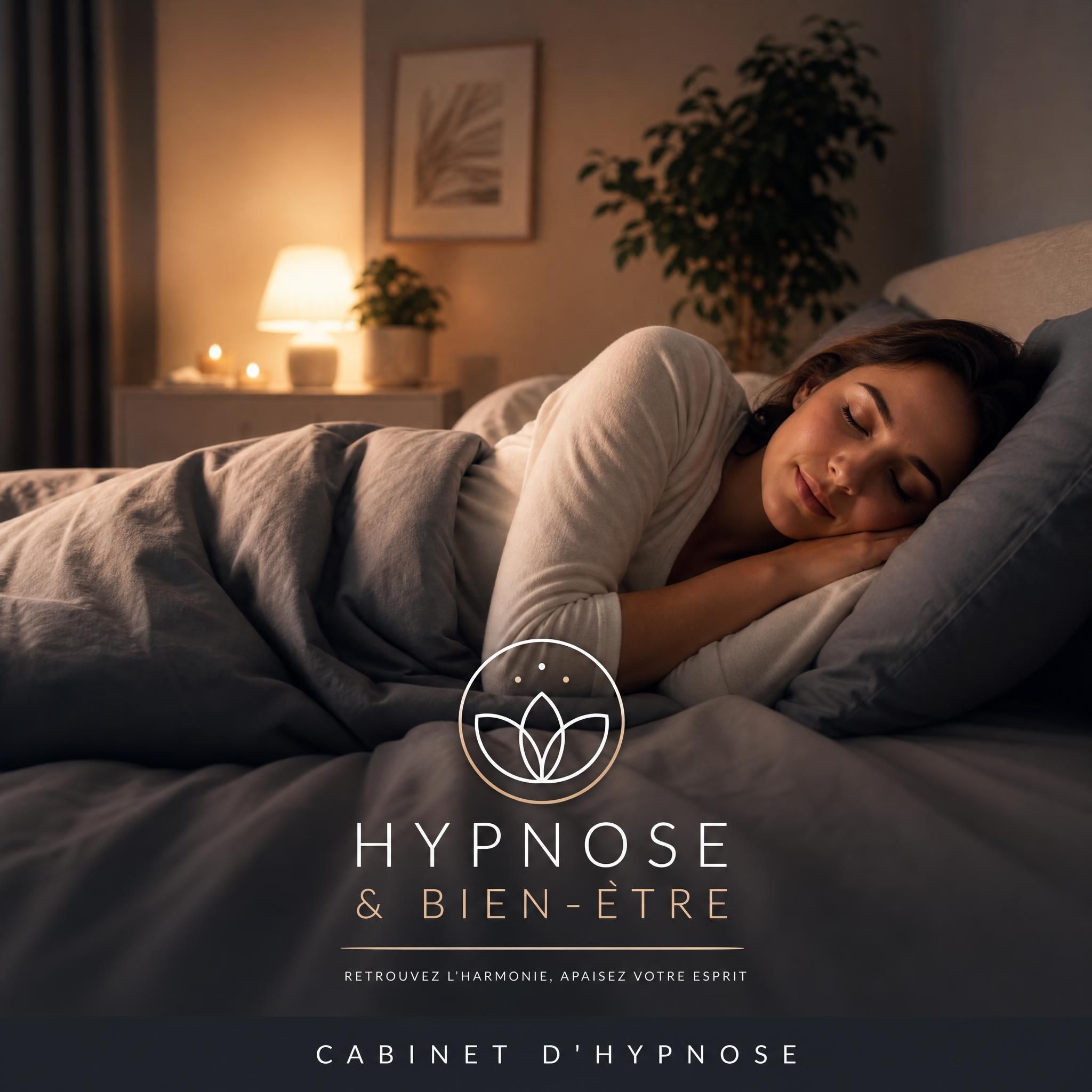 Femme qui s'endort paisiblement dans une chambre tamisée, draps doux, lumière douce en fond, ambiance apaisante et sécurisante, cabinet d'hypnose moderne