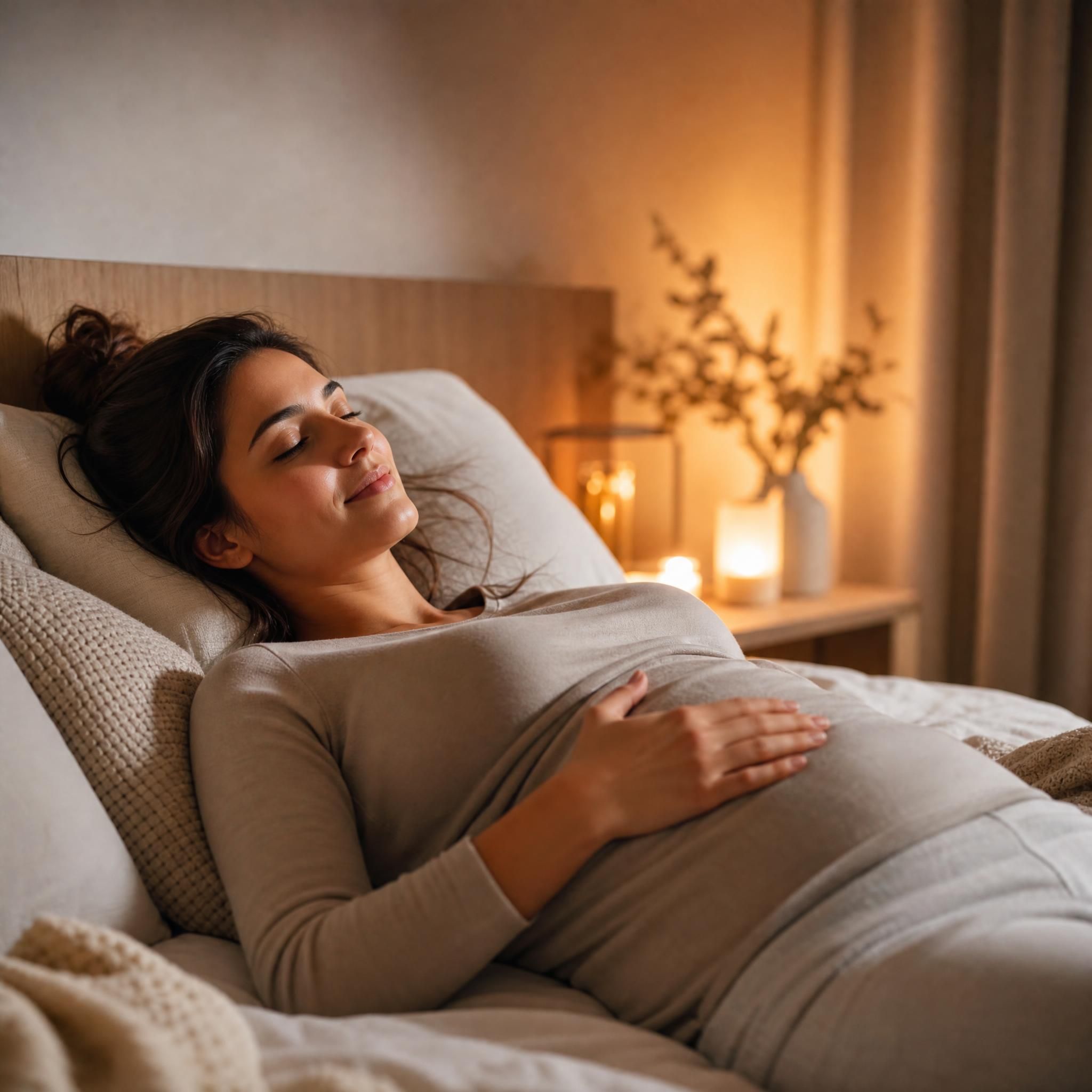 Femme allongée dans une chambre apaisante, lumière tamisée dorée, posture détendue, main posée sur le ventre — plan moyen, ambiance sérénité et lâcher-prise