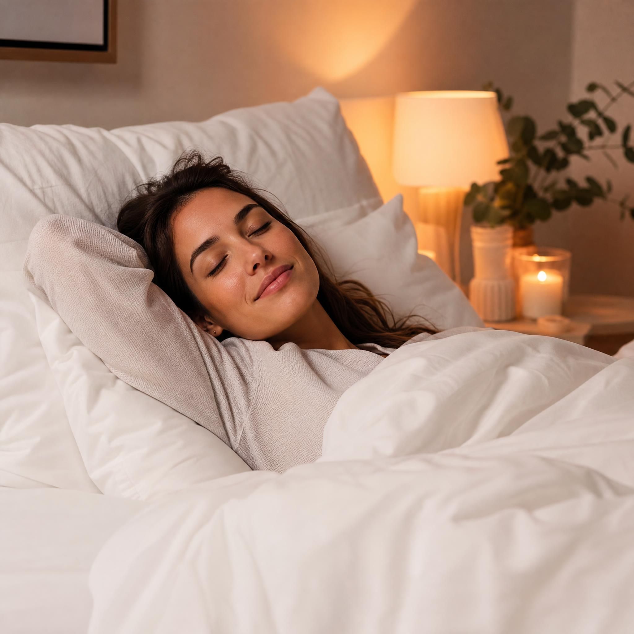 Femme allongée paisiblement dans un lit douillet aux draps blancs, yeux fermés, expression sereine et détendue, lumière tamisée et chaude, ambiance de lâcher-prise et de sécurité intérieure